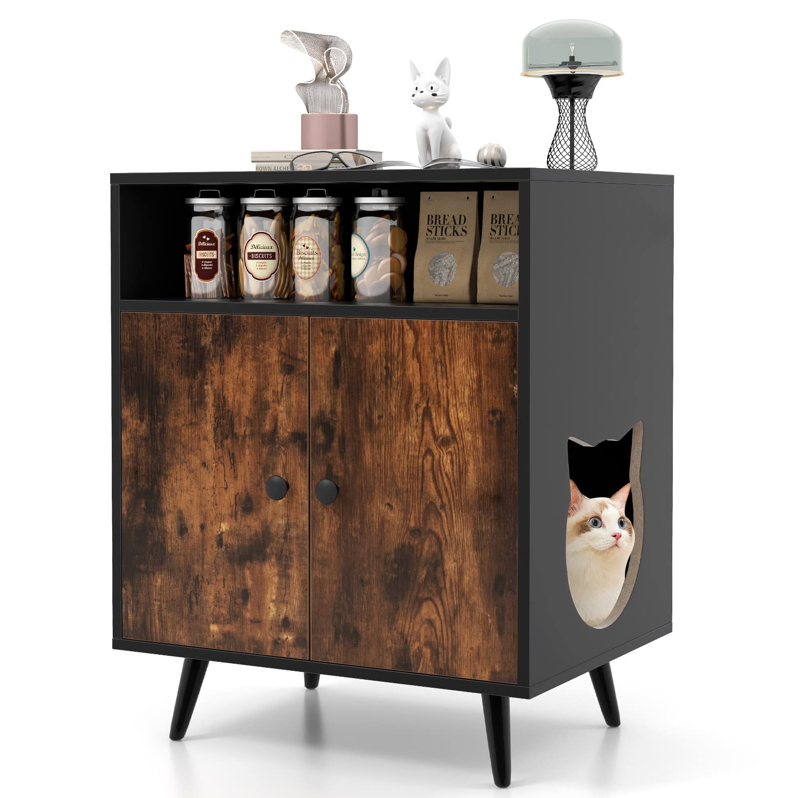 Tangkula Cat Litter Box Enclosure, 2-In-1 Cat Washroom Cabinet With Open Compartment, Hidden Litter Box Furniture With Anti-Topp