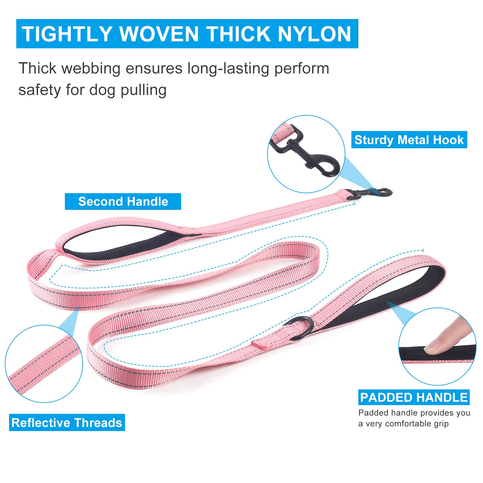 Eco-Clean Dog Leash For Large Dogs, Traffic Padded 2 Handles For Extra Control, 6 Ft Long With Reflective Stitch For Night Walki