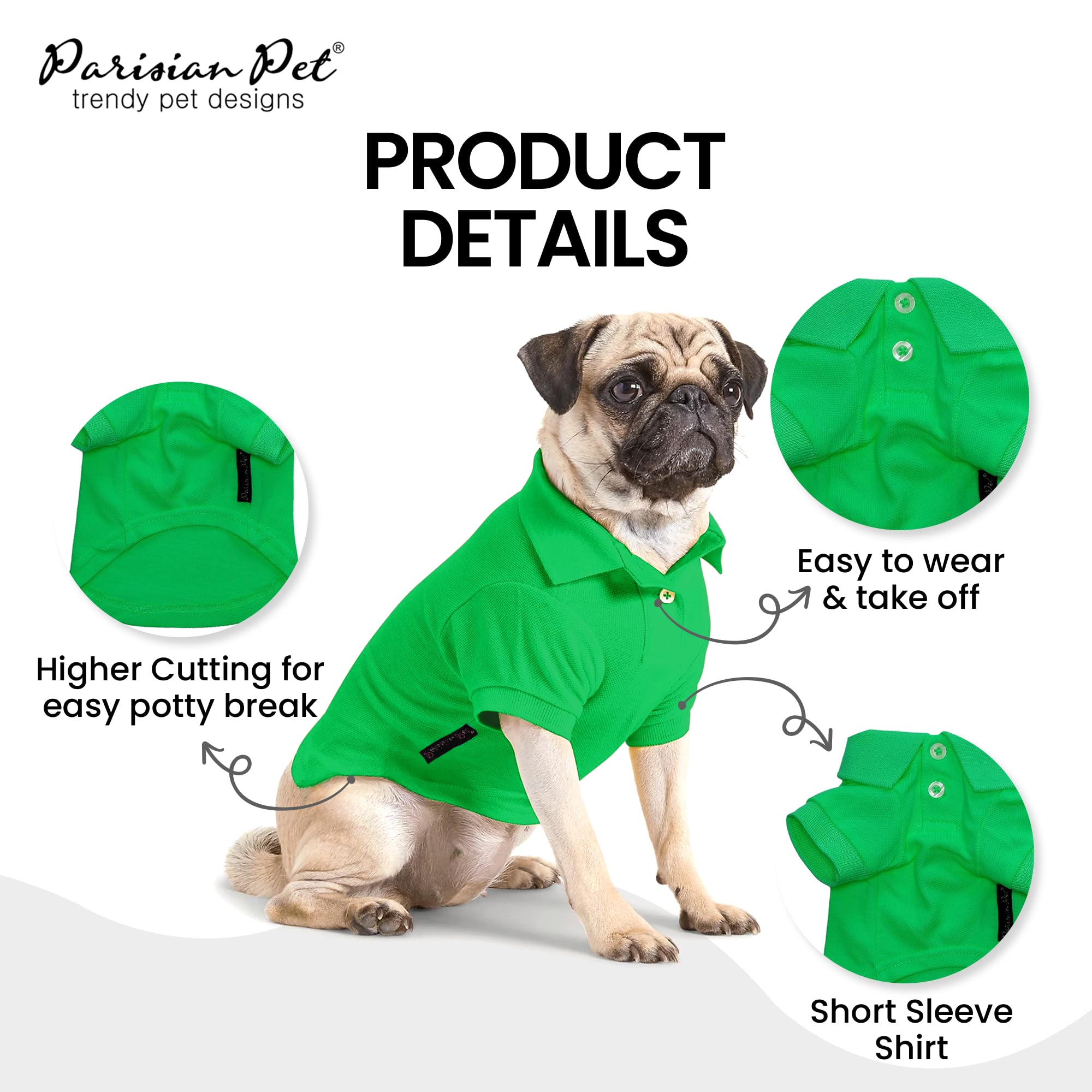 Parisian Pet Dog Polo Shirts - Breathable Cotton Shirt - Solid Green, Summer Pullover - Button Up Collar, 2Xl