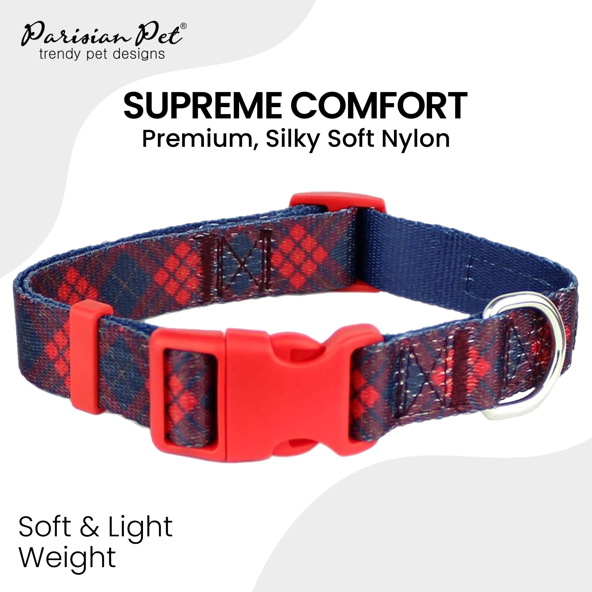 Parisian Pet Dog Collar - Adjustable “ Scottish Red Plaid “ Pattern Puppies Collar - Comfortable, Nylon Dog Collar - Breathable Dog Collars For Large Dogs L