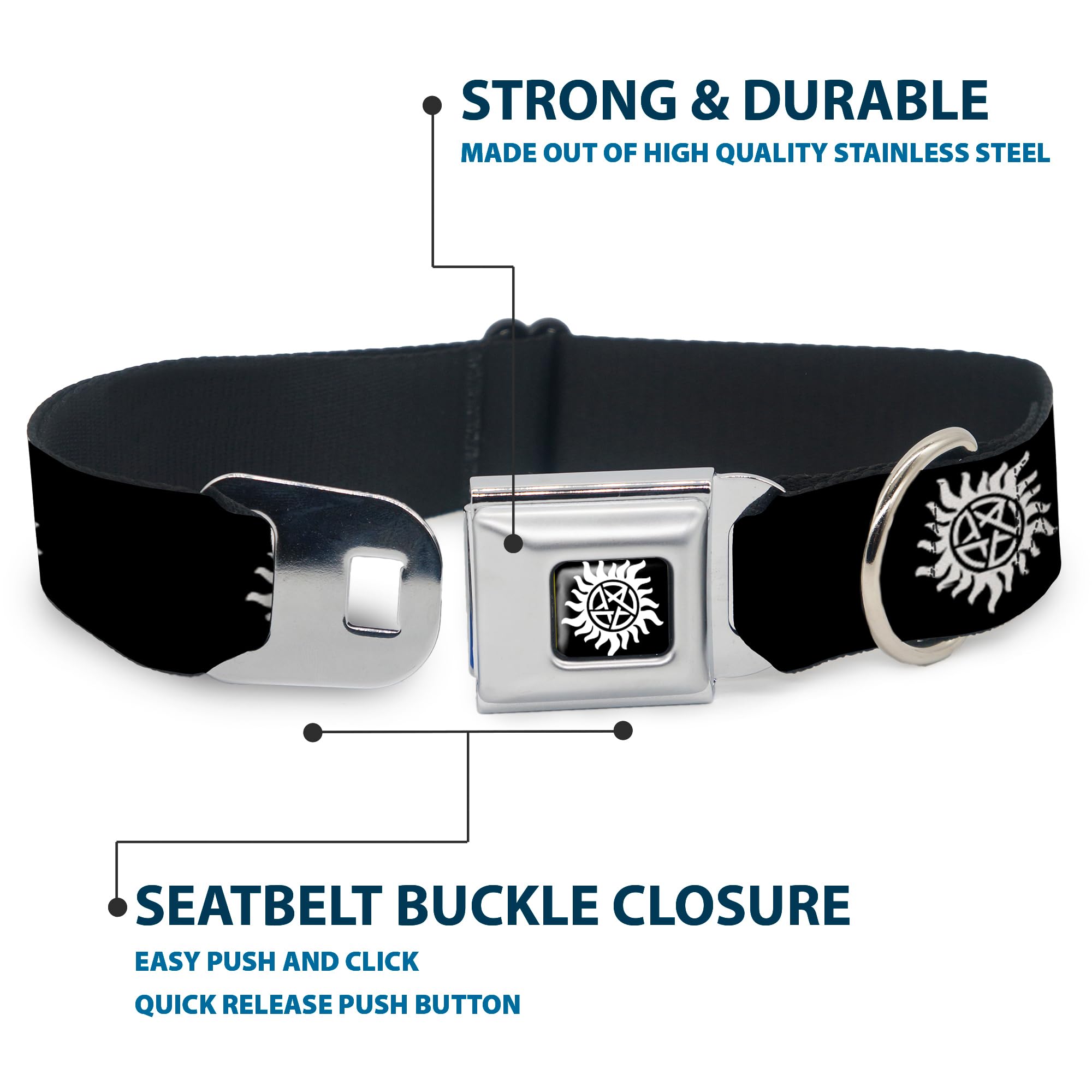 Buckle-Down Dog Collar Seatbelt Buckle Winchester Pentagram Repeat Black White 16 To 23 Inches 1.5 Inch Wide