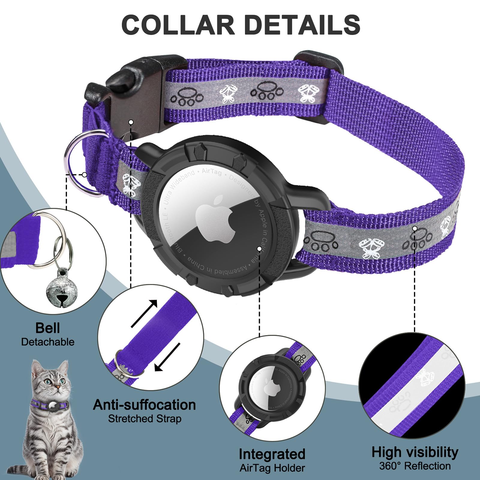 Odokele Reflective Airtag Cat Collar, Integrated Cat Tracker Collar With Air Tag Holder And Bell, Safety Elastic Band Cat Gps Collars For Girl Boy Cats, Kittens And Puppies (Purple, S)