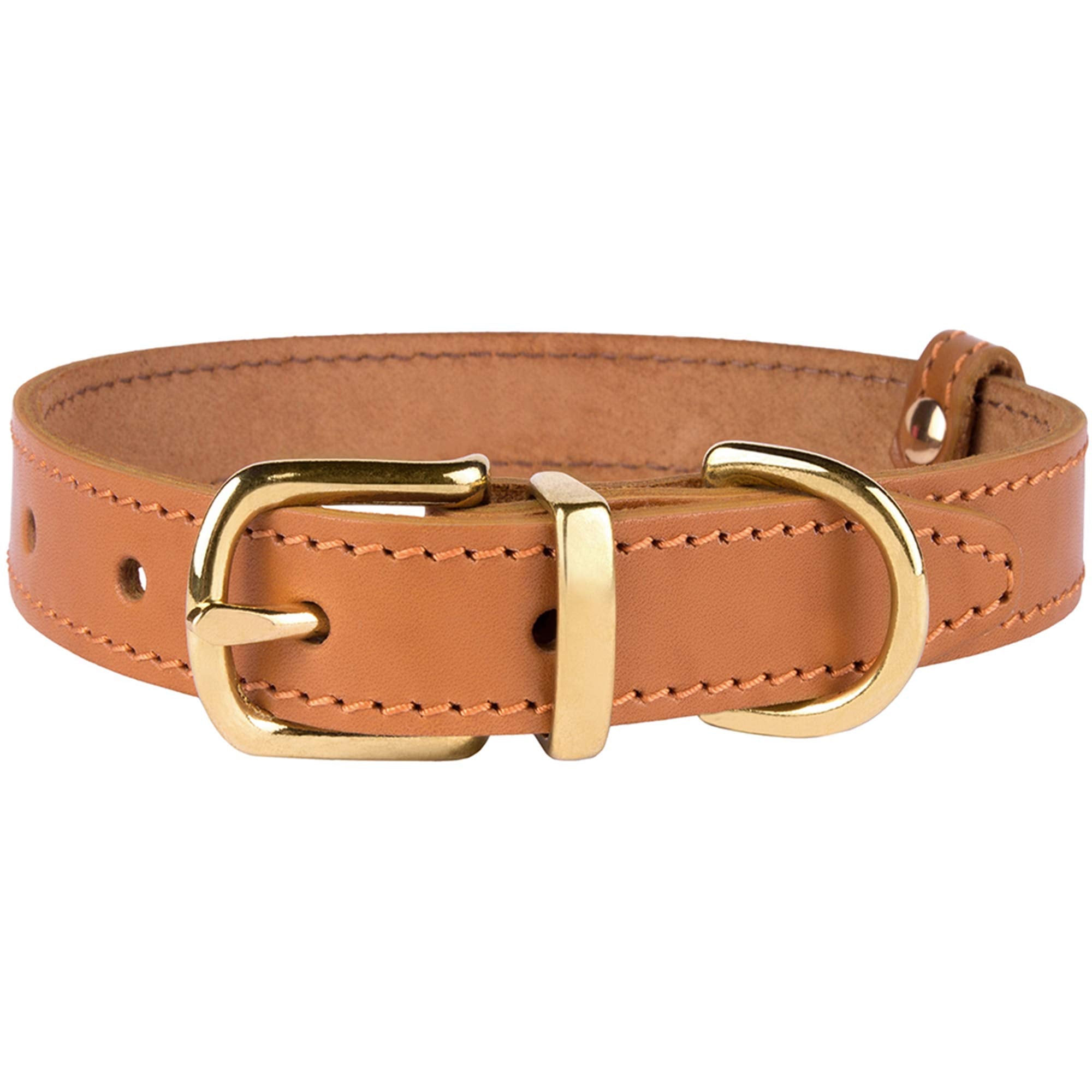 Bronzedog Leather Dog Collar With Metal Buckle Durable Basic Pet Collars For Small Medium Large Dogs (19-21 Inch (Pack Of 1), Light Brown & Gold Buckle)