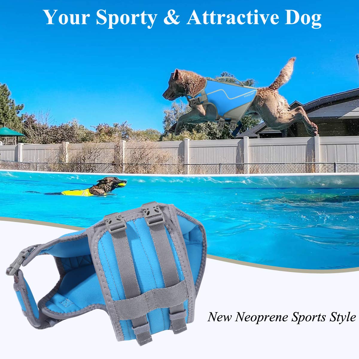 Vivaglory Neoprene Dog Life Jacket Dog Life Vest For Boating Hunting & Swimming, Lightweight With Leash Ring, M, Blue