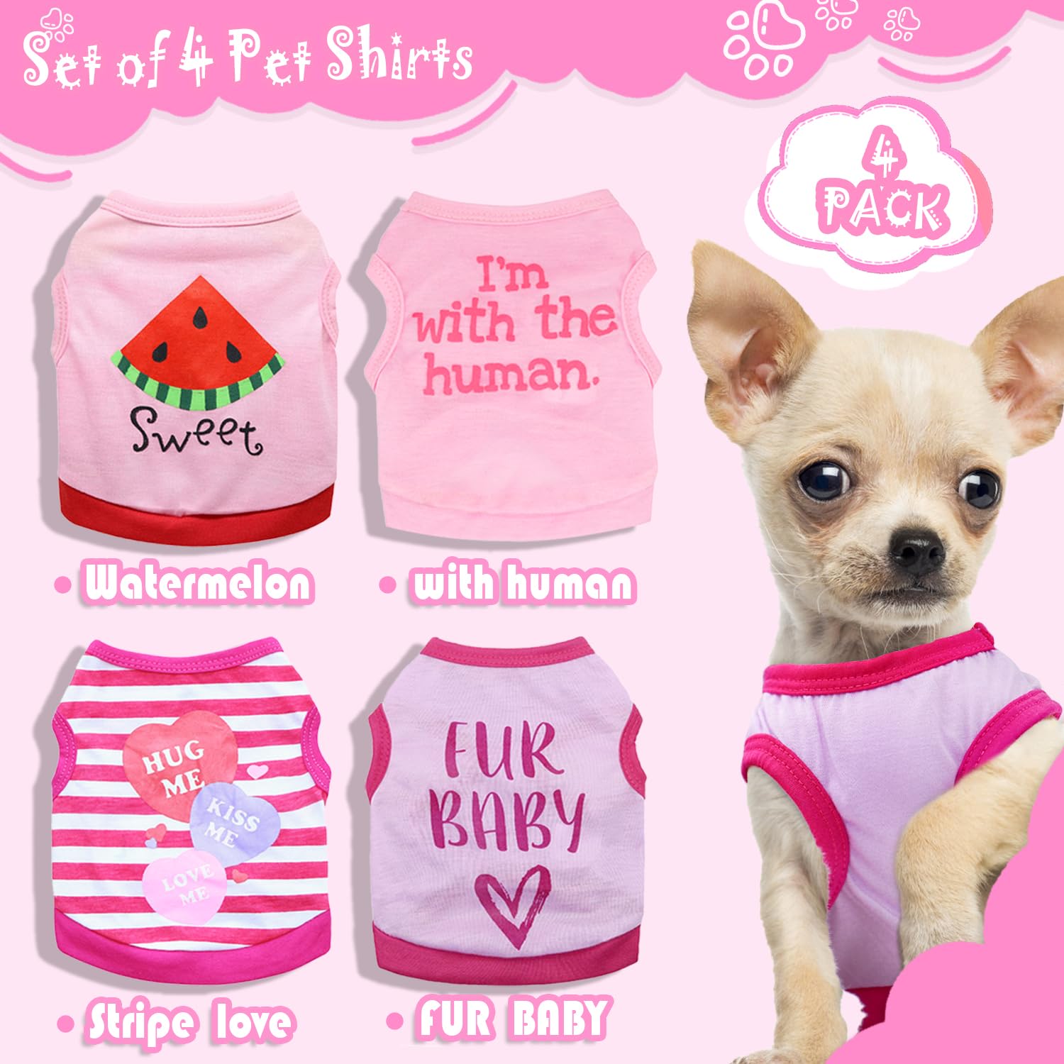4- Pieces Chihuahua Dog Clothes For Small Dogs Girl Cute Pink Puppy Shirt Pet Tank Top Outfit For Female Dogs, Yorkie, Toy Poodl