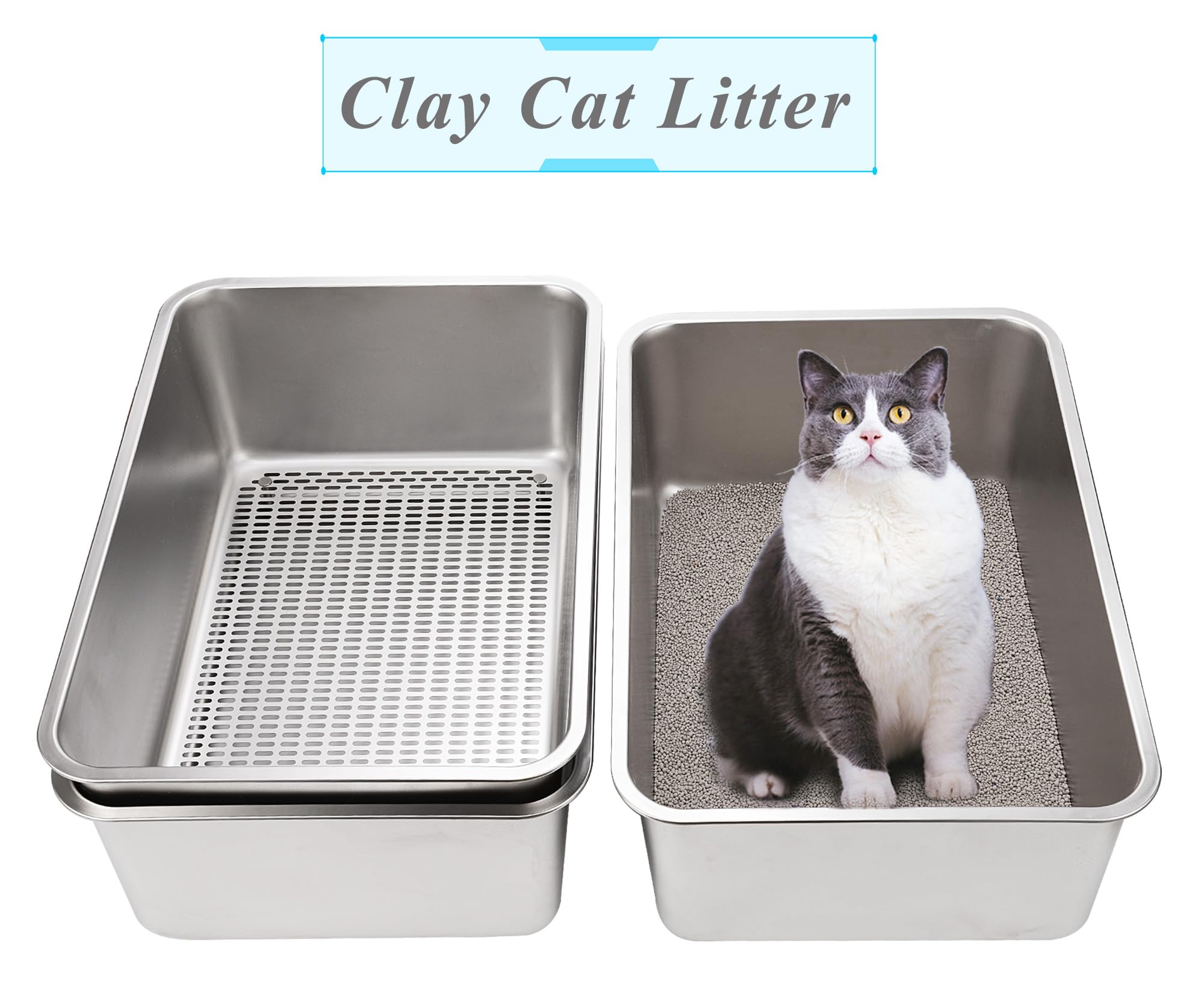 Sorstrem 8" Sifting Cat Litter Box - Stainless Steel, XX-Large, Silver, Model Sor-002S for Clumping Clay & Pine Pellets