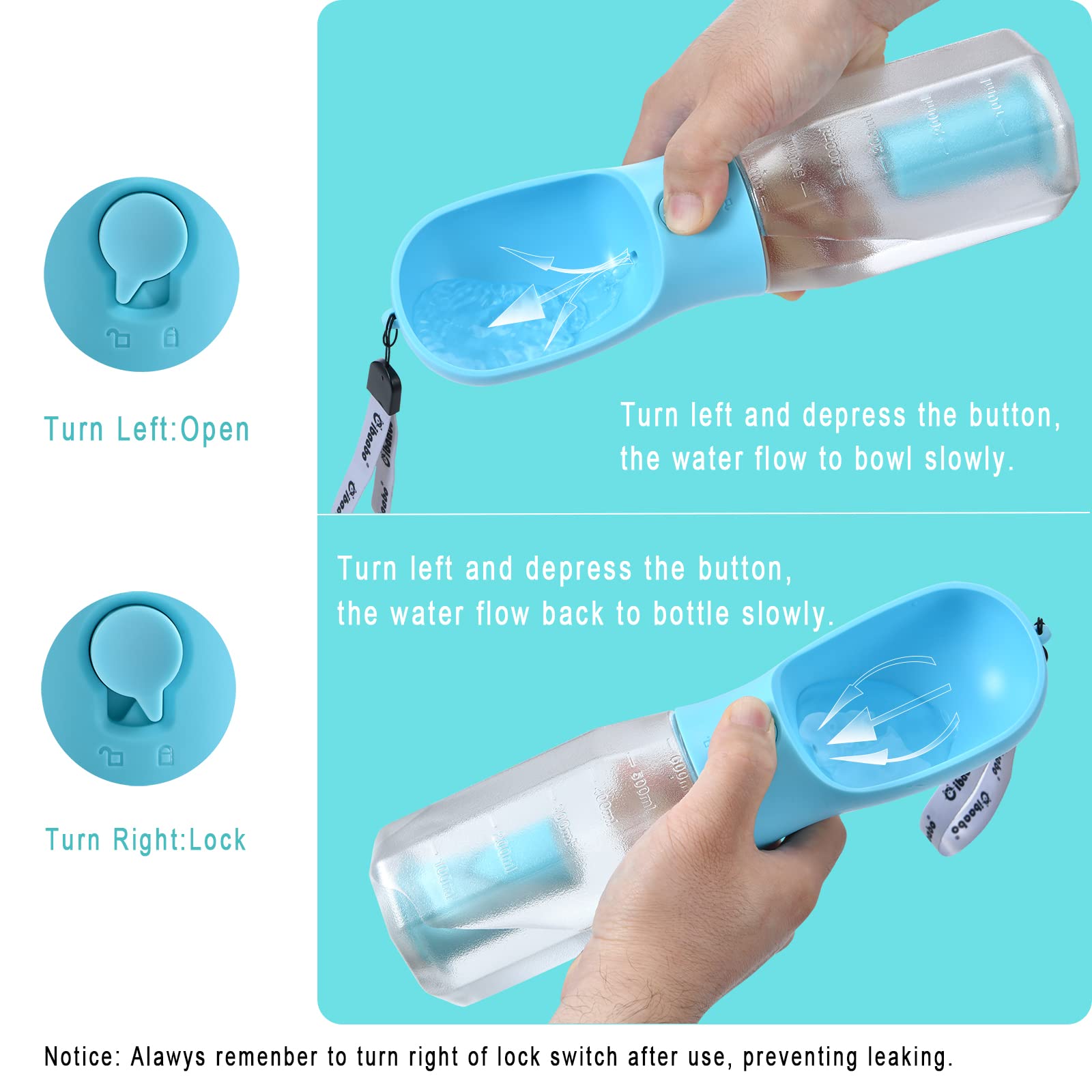 Cibaabo Dog Water Bottle with Food Container & Poop Bag Holder, Travel Water Bowl, Portable Pet Dispenser, Dog Stuff Accessories