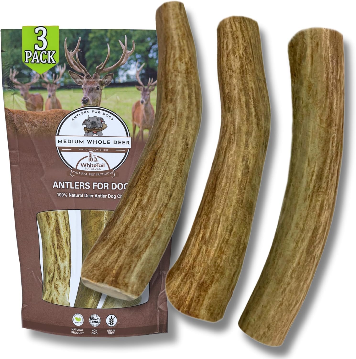 WhiteTail Naturals - 3 Pack Medium - Deer Antler Dog Chews - Antlers for Medium Dogs - Long Lasting, Naturally Shed Antler Dog B