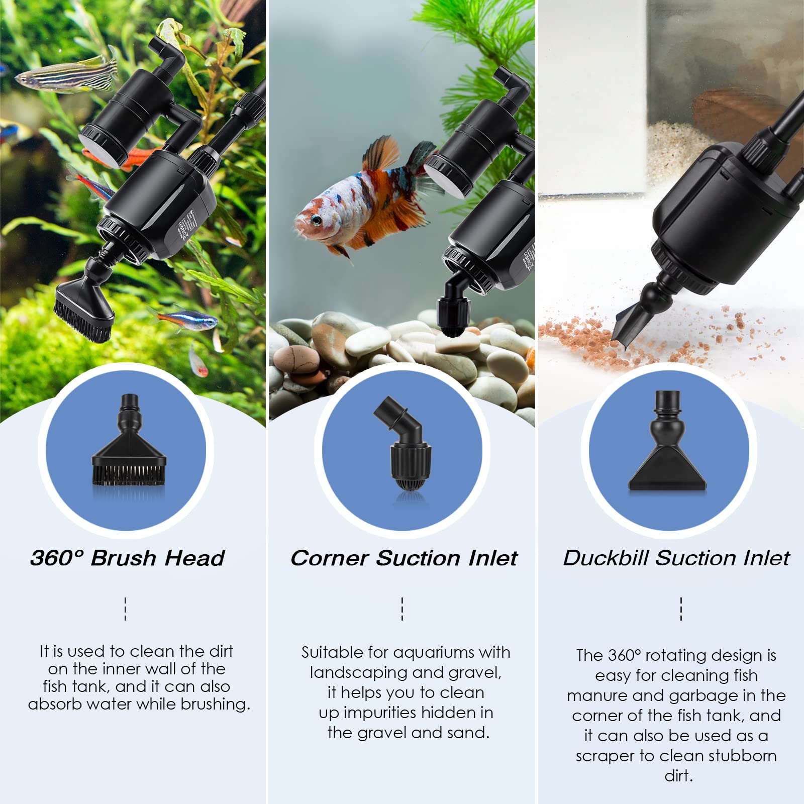 AQQA Electric Aquarium Gravel Cleaner, 6 in 1 Automatic Fish Tank Cleaning Tools Gravel Vacuum for Aquarium, Suitable for Change