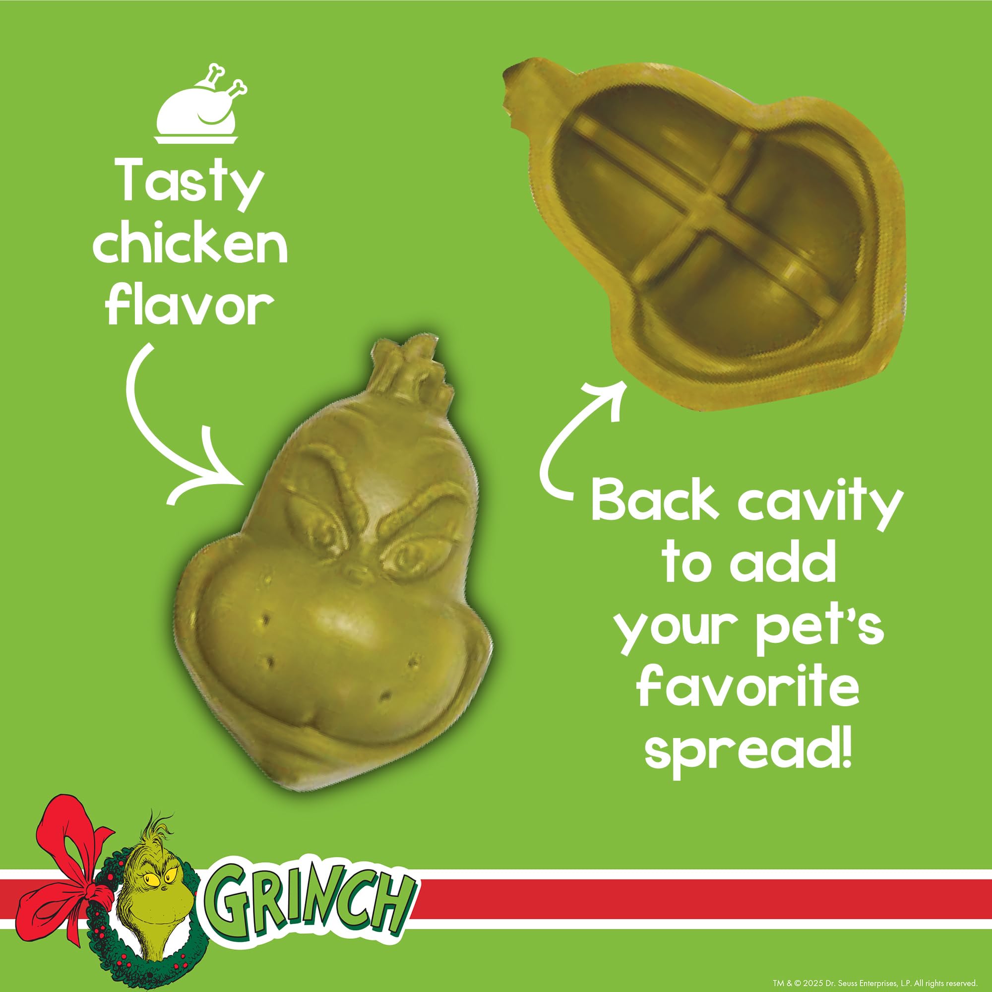 Dr. Seuss The Grinch Gnaws Chicken Dog Treats - Long Lasting Holiday Chews for Medium & Large Dogs, with Fillable Cavity for Spr
