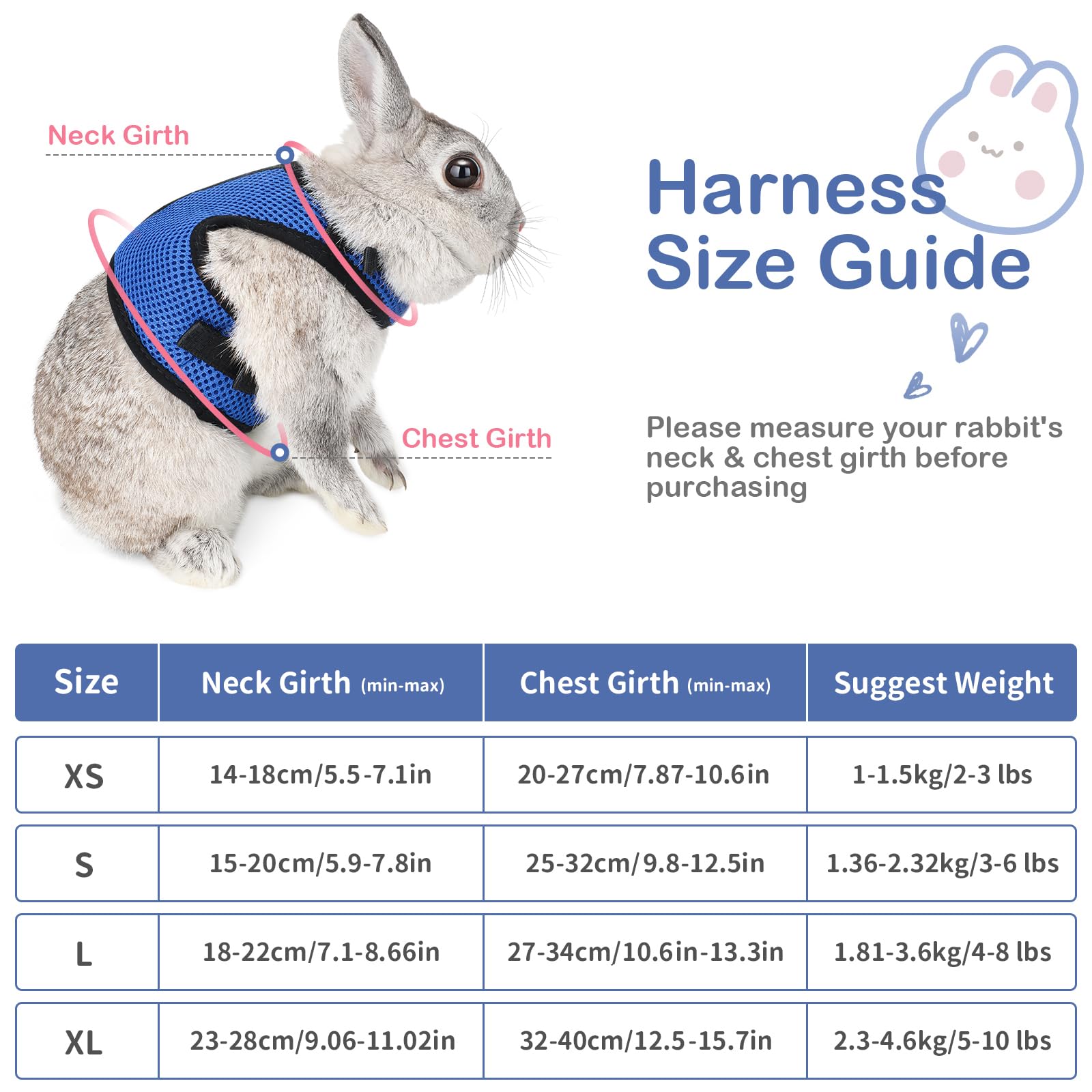 Pettom Bunny Rabbit Harness With Stretchy Leash Cute Adjustable Buckle Breathable Mesh Vest For Kitten Small Pets Walking (S(Chest:9.8-12.5 In), Blue)