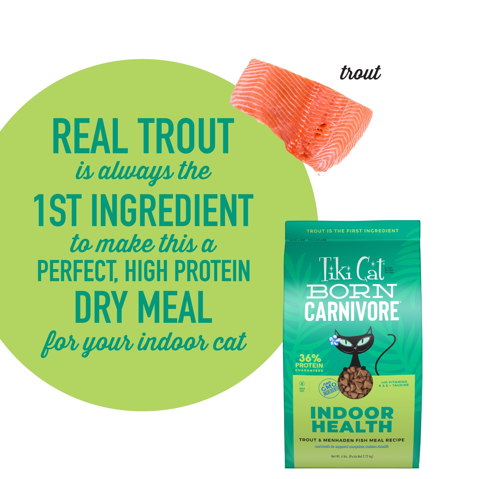 Tiki Cat Born Carnivore Indoor Health, Trout & Menhaden Fish Meal, Grain-Free Baked Kibble to Maximize Nutrients, Dry Cat Food,