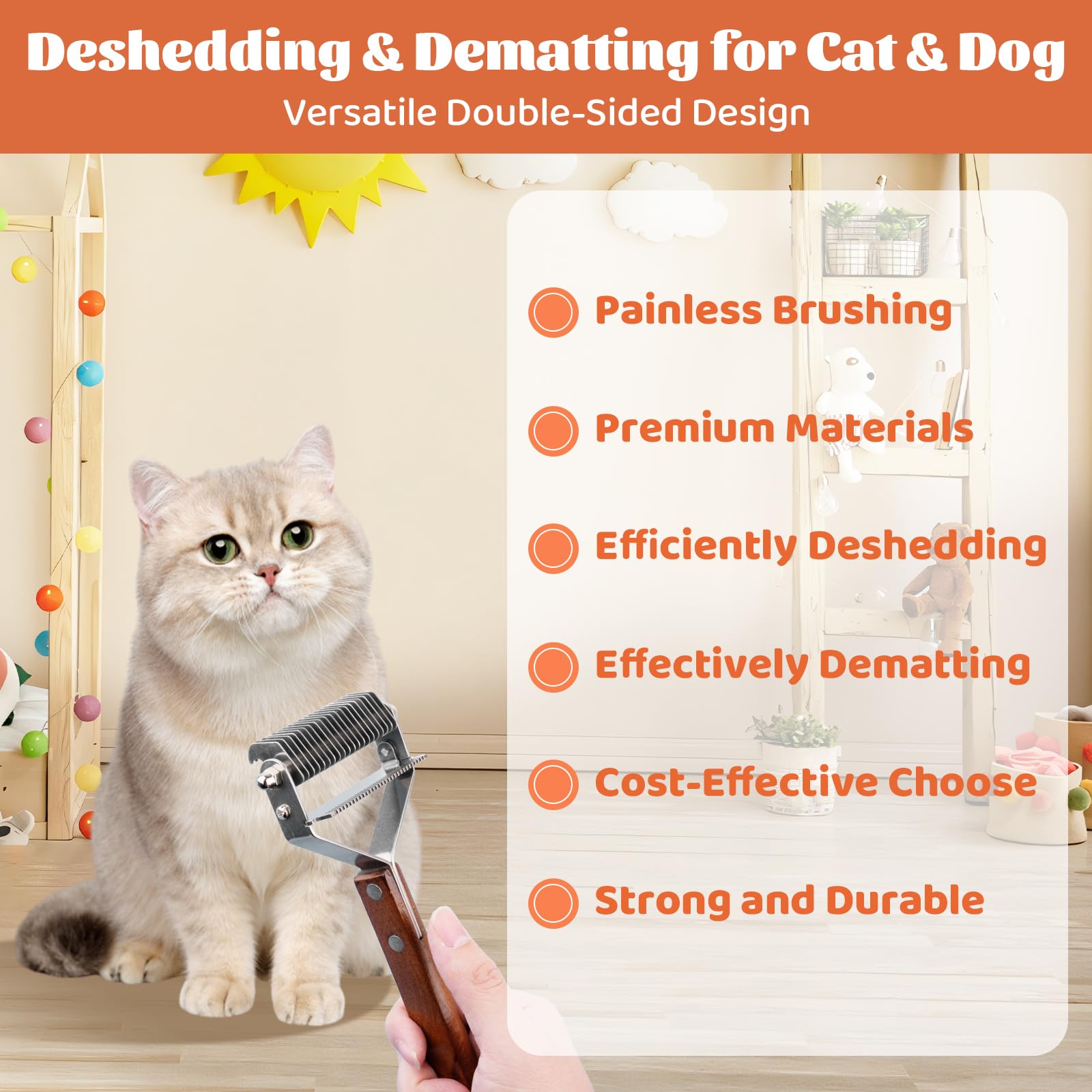 BRUSH FAMILY Cat Grooming Brush - Dematting & Deshedding Tool, Medium Size, Brown Wood Handle, Metal Comb for Long Haired Pets