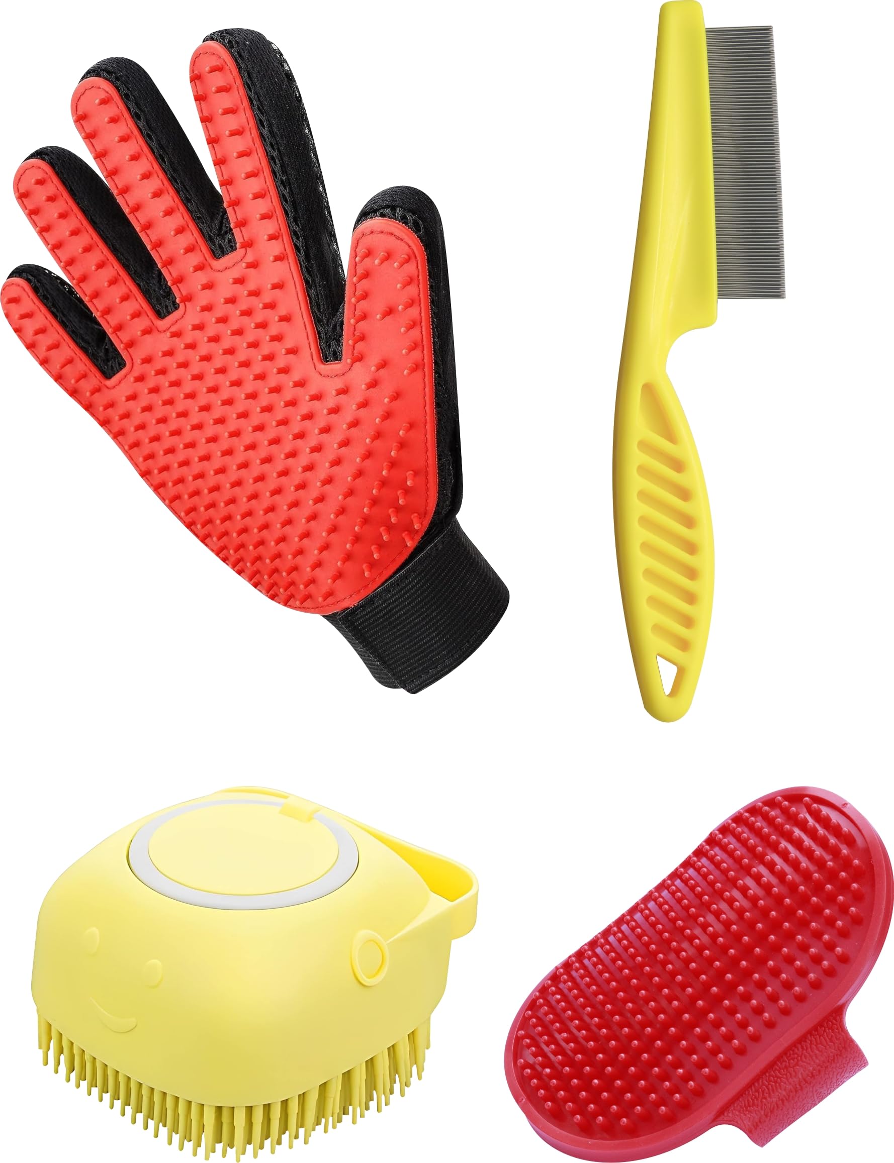 S.Blaze Dog Comb Combo Of Red Grooming Glove, Yellow Dog Flea Comb, Red Plum Massager And Yellow Bath Brush