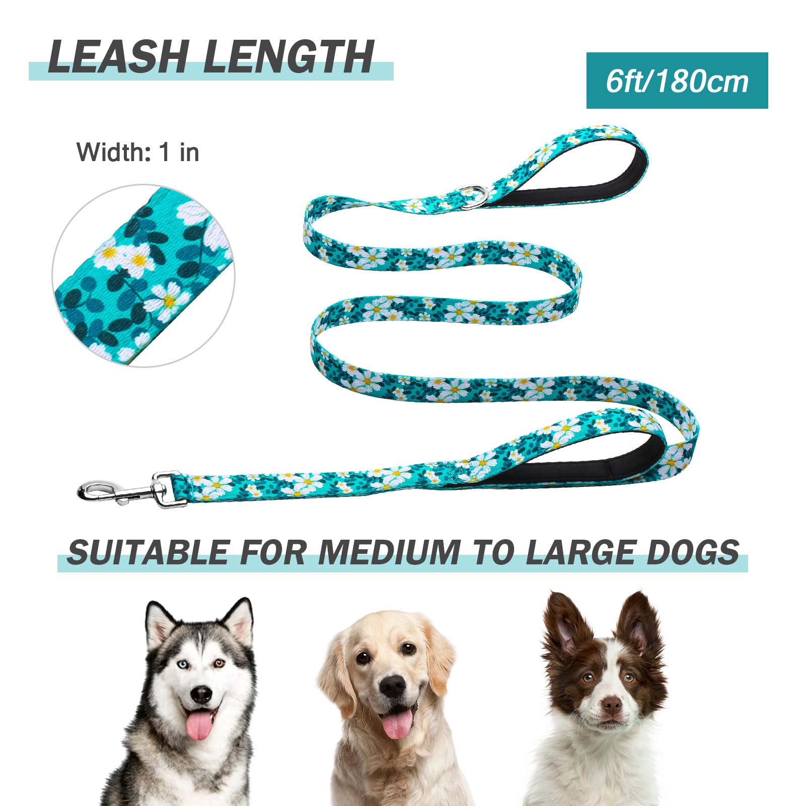 Hikiko Double Handle Dog Leash 6 Ft For Medium Large Dogs, Padded Traffic Handles Lead For Walking Training (Green Flower)