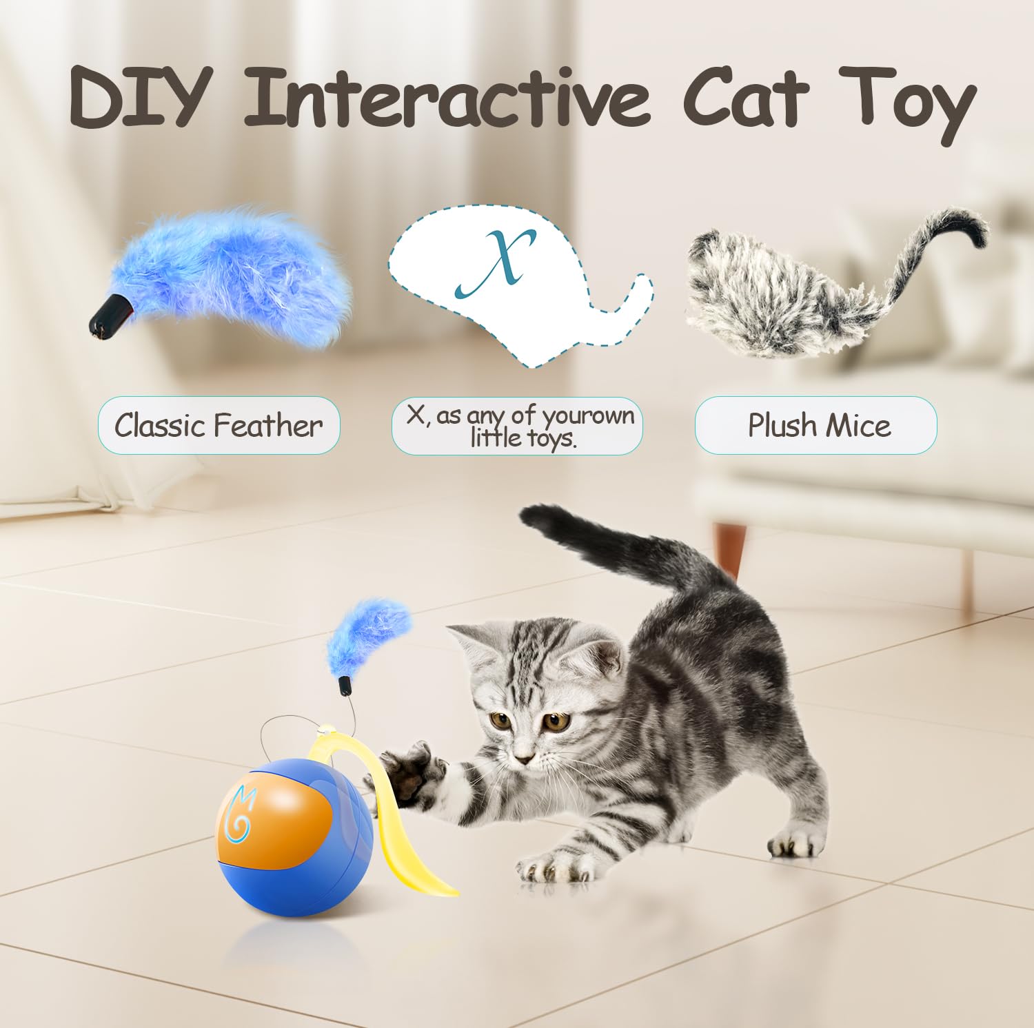 Migipaws 2-in-1 Interactive Cat Toy Ball - Blue, USB Rechargeable, Paw Friendly with Fluffy Tail for Indoor Cats