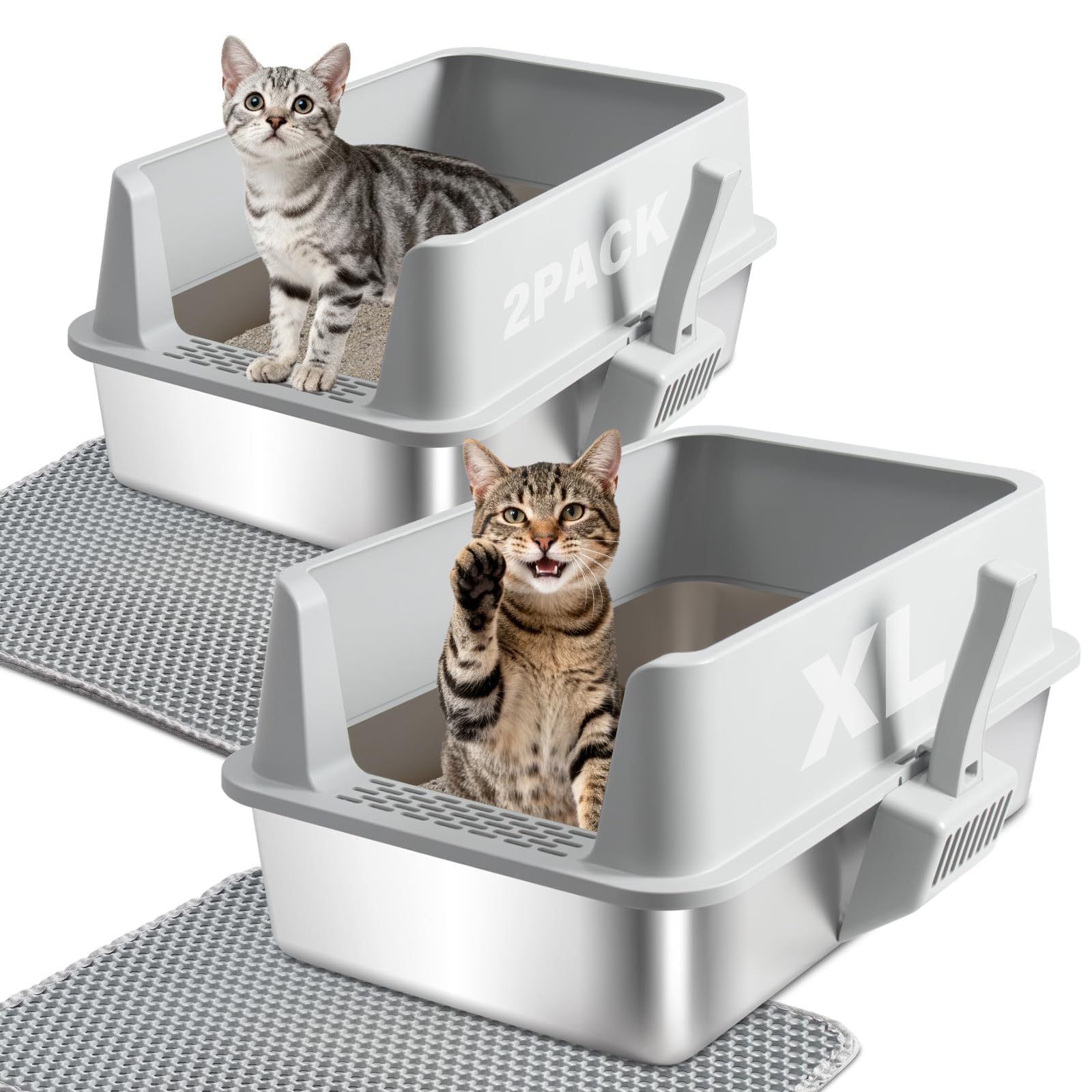 2PACK Stainless Steel Litter Box, Metal Litter Box with High Sides Lid, XL Large Cat Litter Boxes for Big Cats, Never Absorbs Od
