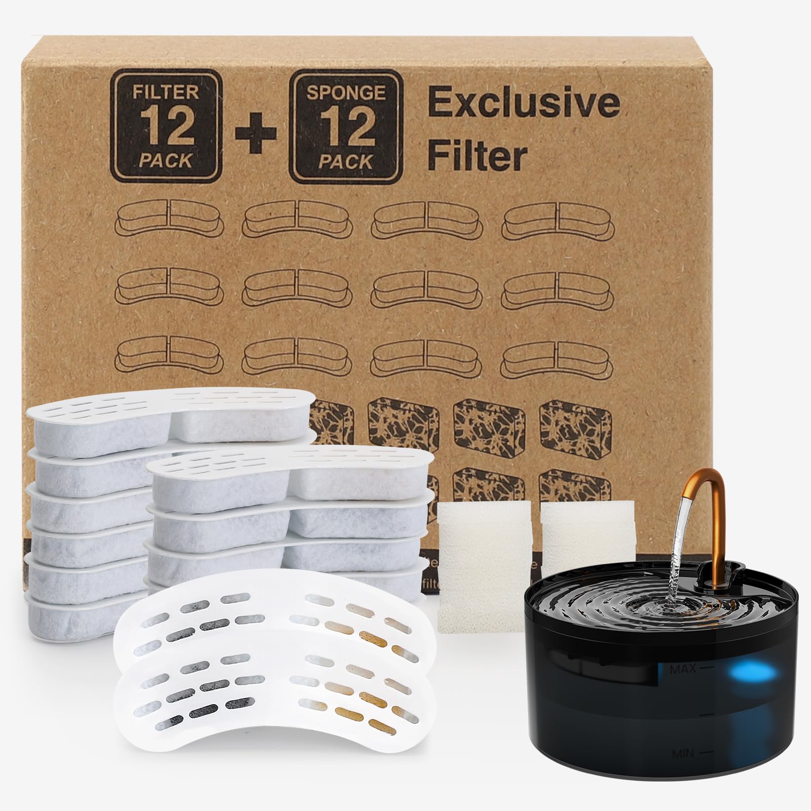 Misfans S003,S005 Exclusive Cat Fountain Filter Replacement, 12 Pack Filters and 12 Pack Sponges, Only for Item Model Number:S00