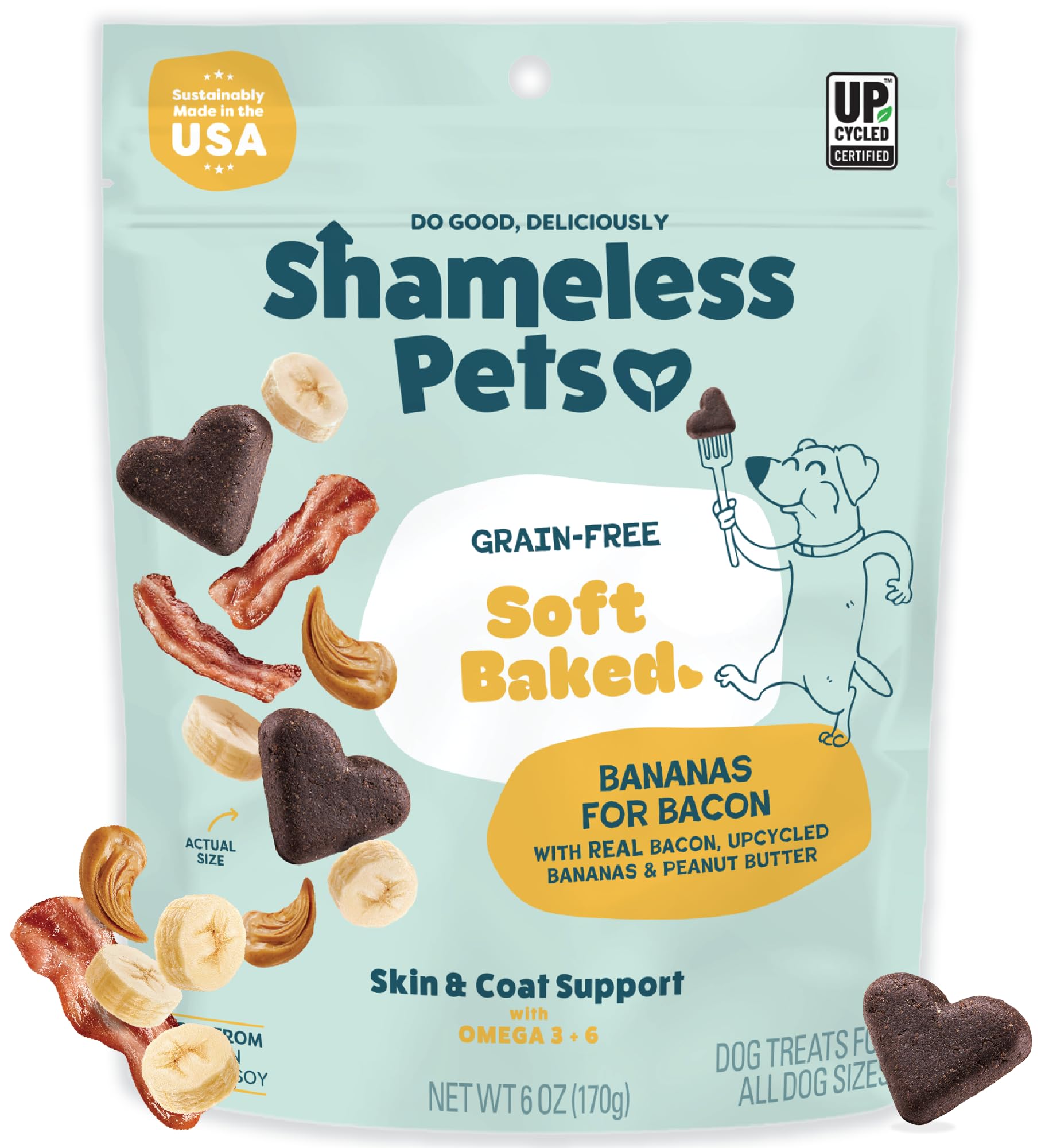Shameless Pets Soft-Baked Dog Treats, 6oz Bananas for Bacon, Grain-Free Chews for Skin & Coat Support, Made in USA, Yellow