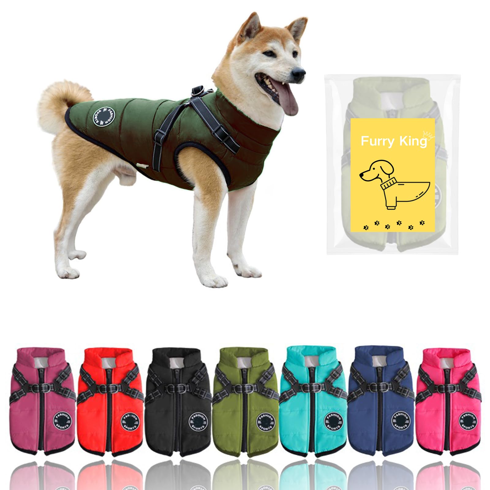 Furry King Dog Winter Coat With Harness, 7 Colors, Waterproof, Fleece Lined. (Green, Small)