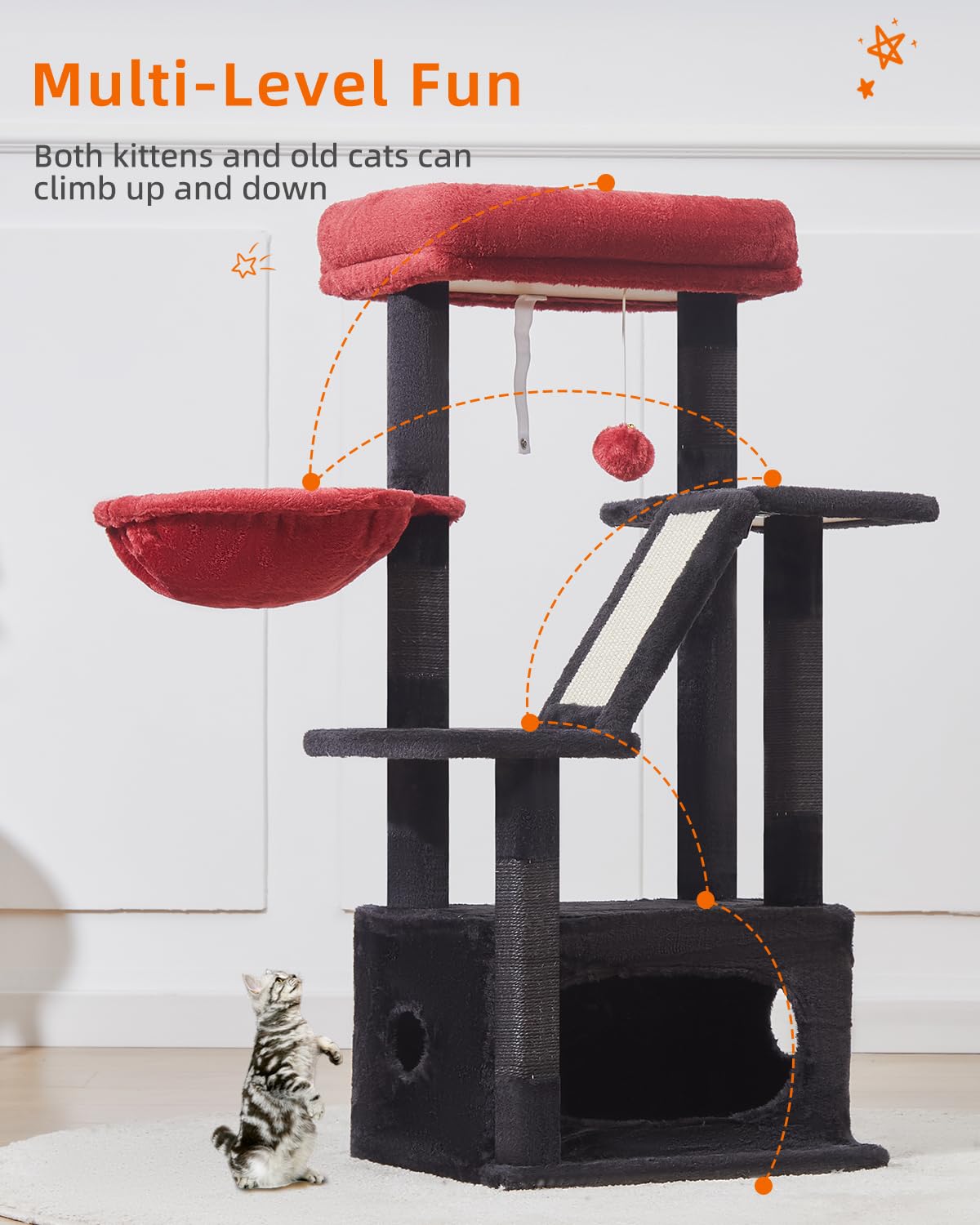 Taoqimiao Cat Tree Tower, 38.5-Inch Indoor Condo, Plush Black and Red, Model MS029SBR, Adjustable Baskets for Kittens