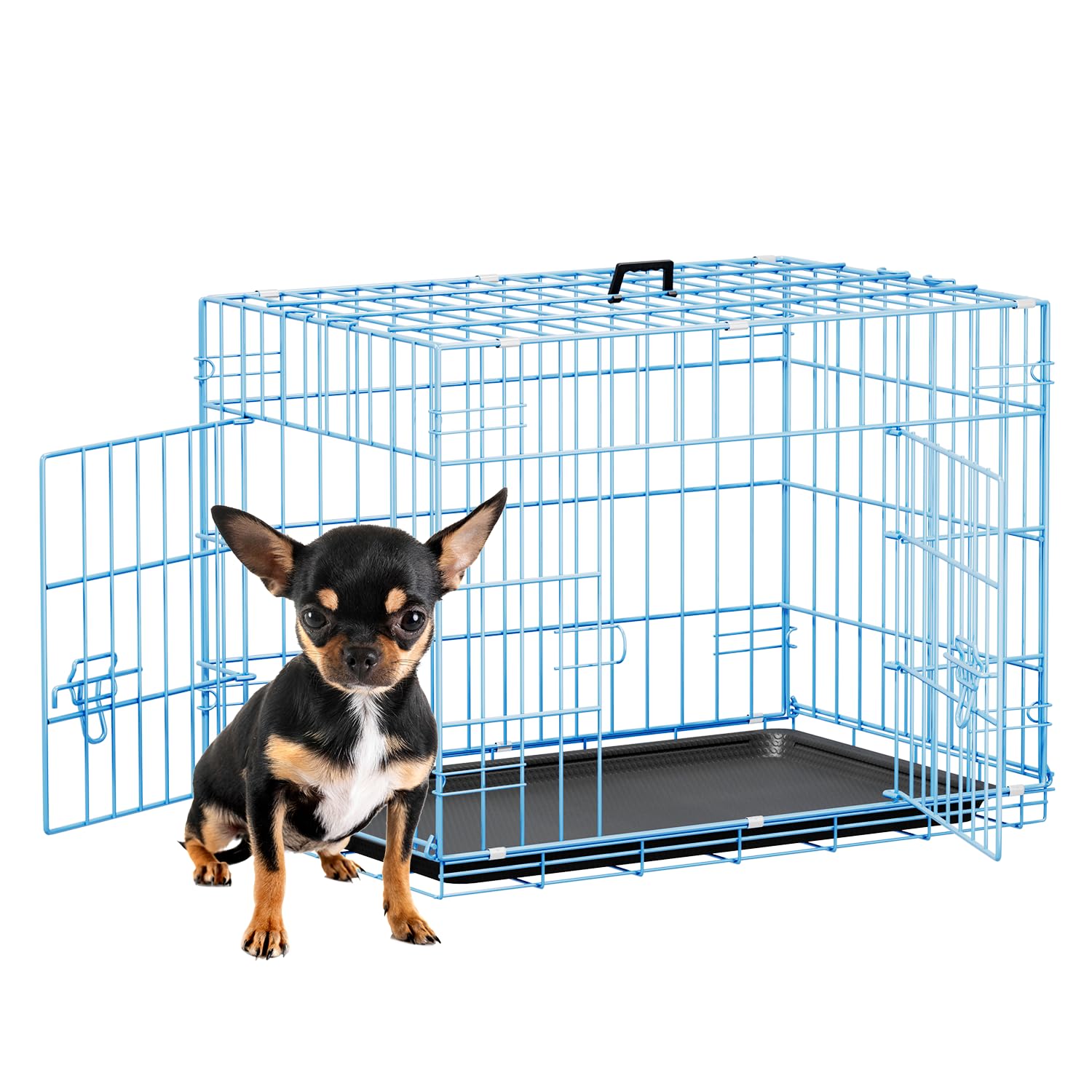 FDW 24inch Dog Crate Pet Cage with Metal Folding Design Plastic Tray Indoor Outdoor Dog Kennel Cage for Small Dogs,Blue