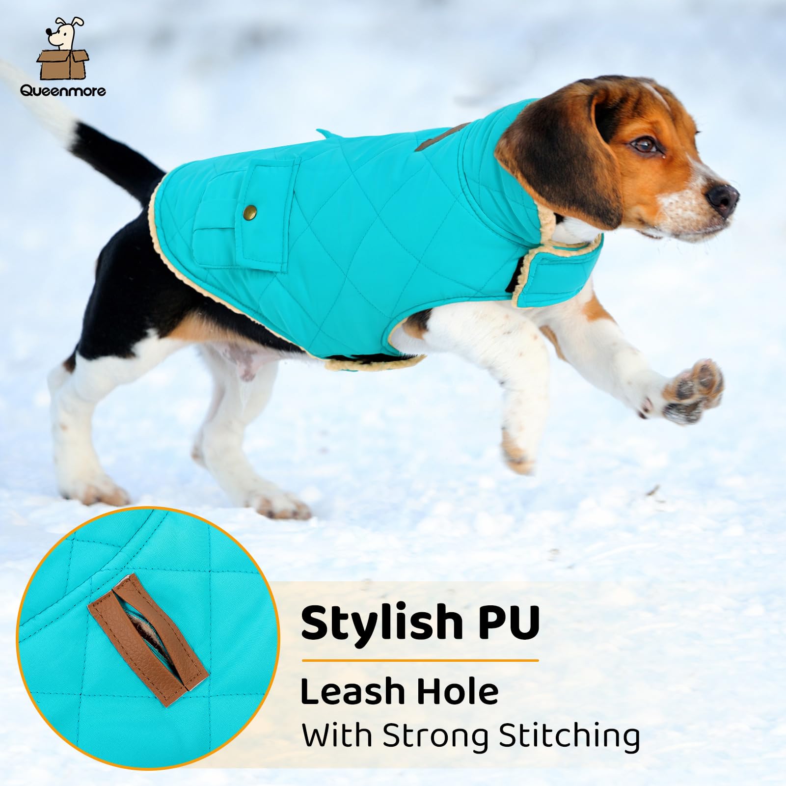 Queenmore Warm Puffer Dog Coat, Quilting Winter Jacket Ultra Thick Plush Fleece Lining Pet Clothes With Storage Pockets (Light B