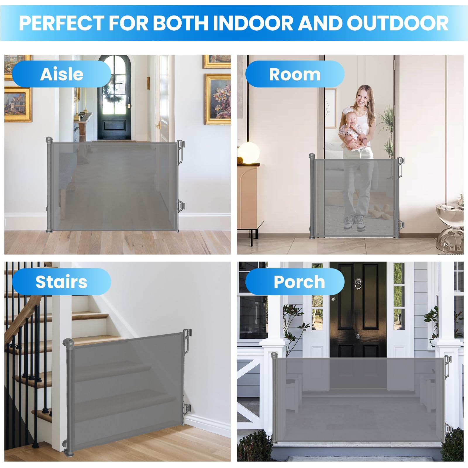 SPACEANY Retractable Baby Gate for Stairs & Doorways - 55 Wide Portable Safety Gate | Fits Baseboards, Easy to Use Indoor/Outdoo