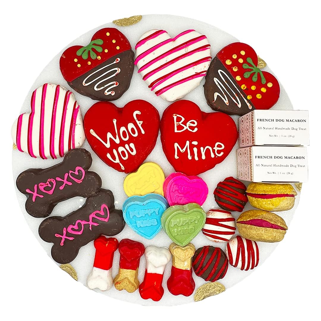 Bonne et Filou Love Dog Treats Gift Box, 22 Luxury Macarons, Truffles & Bone Cookies, Healthy & Delicious Snacks for Medium to L