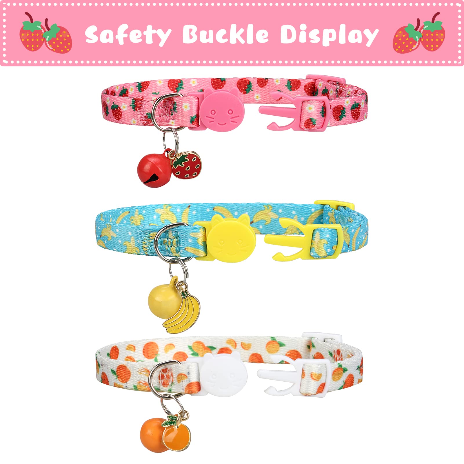 VKPETFR Breakaway Cat Collars - Adjustable 3 Pack with Bell & Cute Pendants, Polyester, Fruit Color, Ideal for Small Pets
