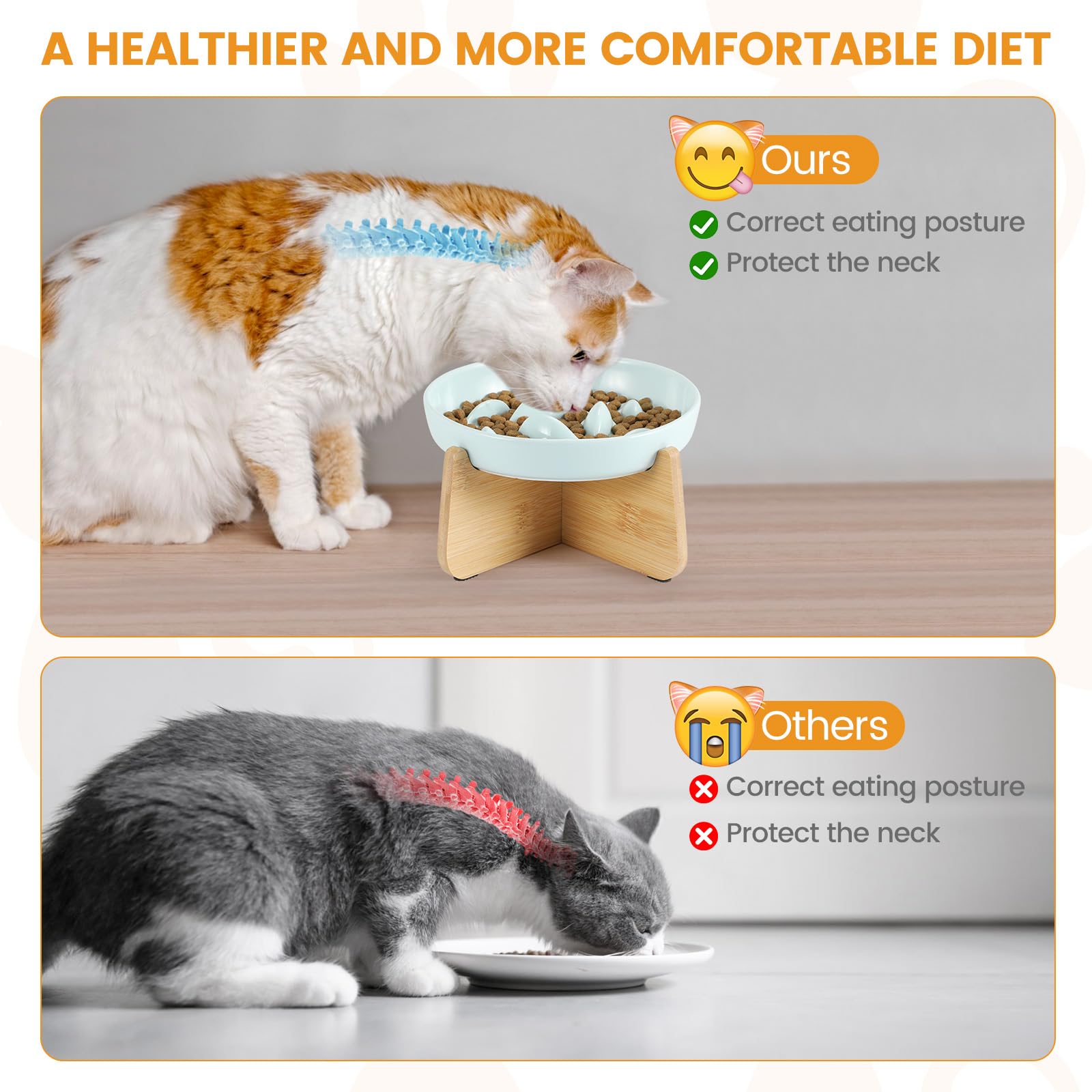 PETTOM Slow Feeder Cat Bowl with Stand, Ceramic Slow Eating Cat Bowl with Higher Edges Fish Pool Design Elevated Food Bowls for
