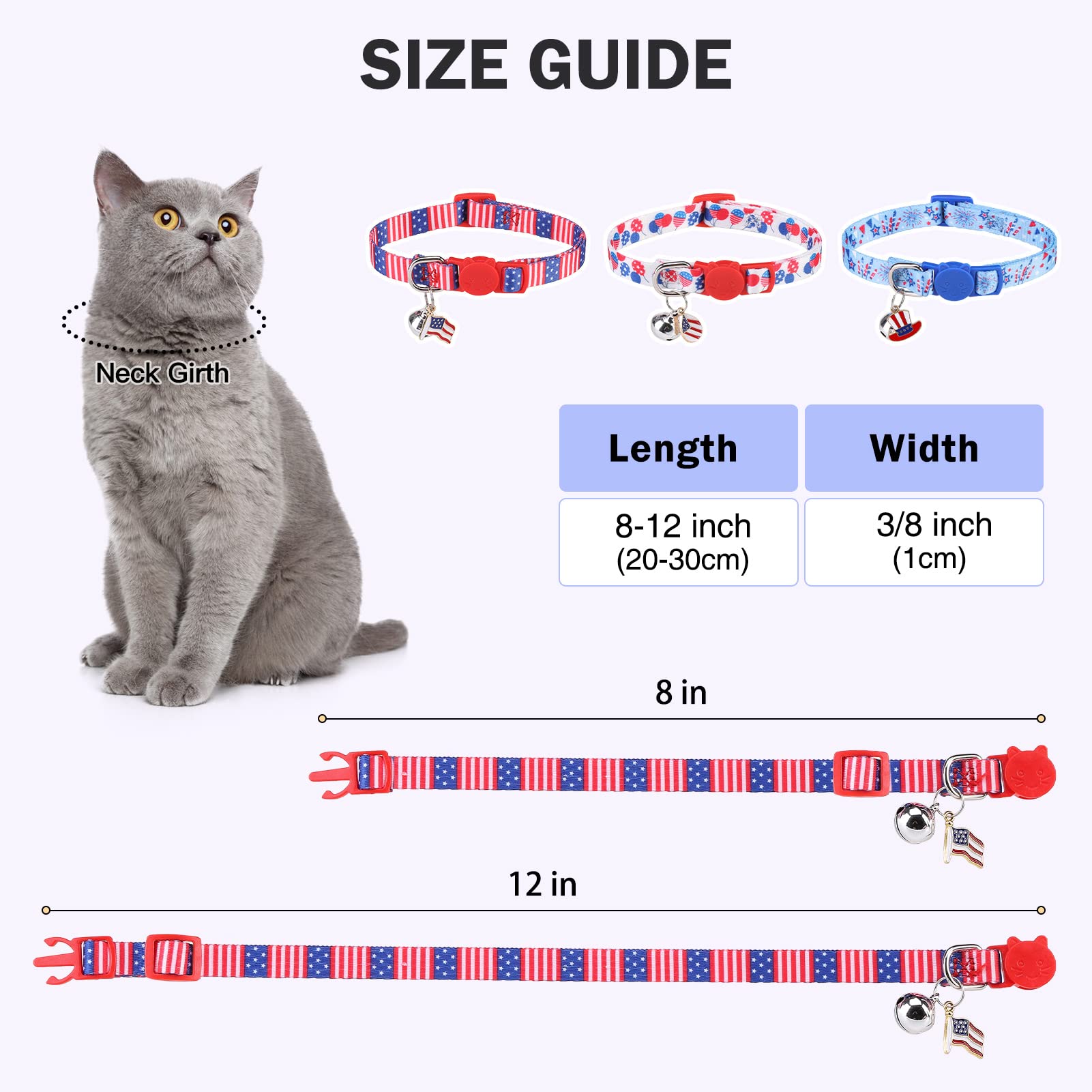 Dillybud 3 Pack Breakaway Cat Collars With Bell- 4Th Of July Cat Collar,Independence Holiday American Flag Kitty Collar For Girl
