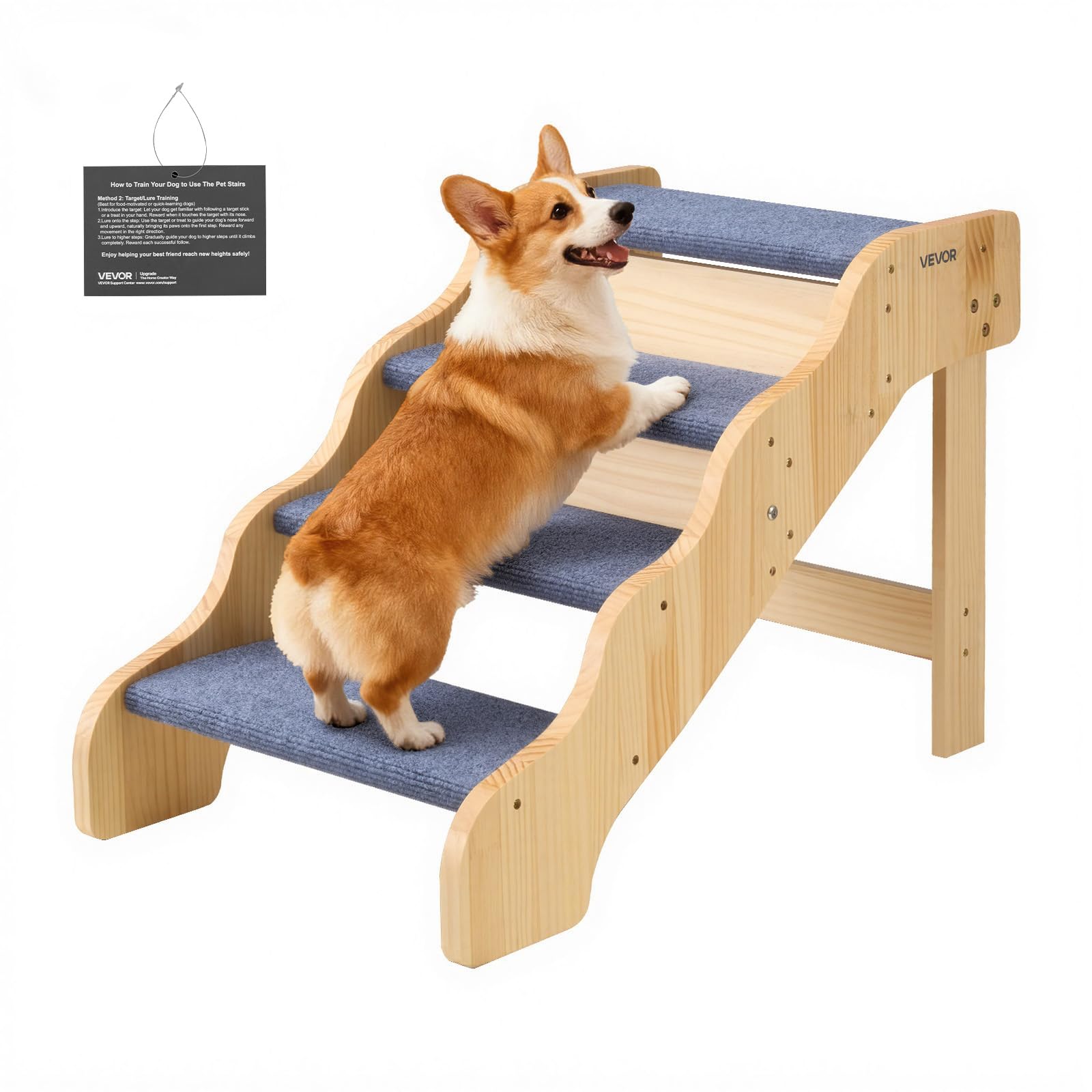 VEVOR Wood Pet Stairs, 4-Step Dog Stairs for High Beds, Sofa & Cars, 150lbs Load Capacity, Non-Slip Surface, Stable Cat & Dog St