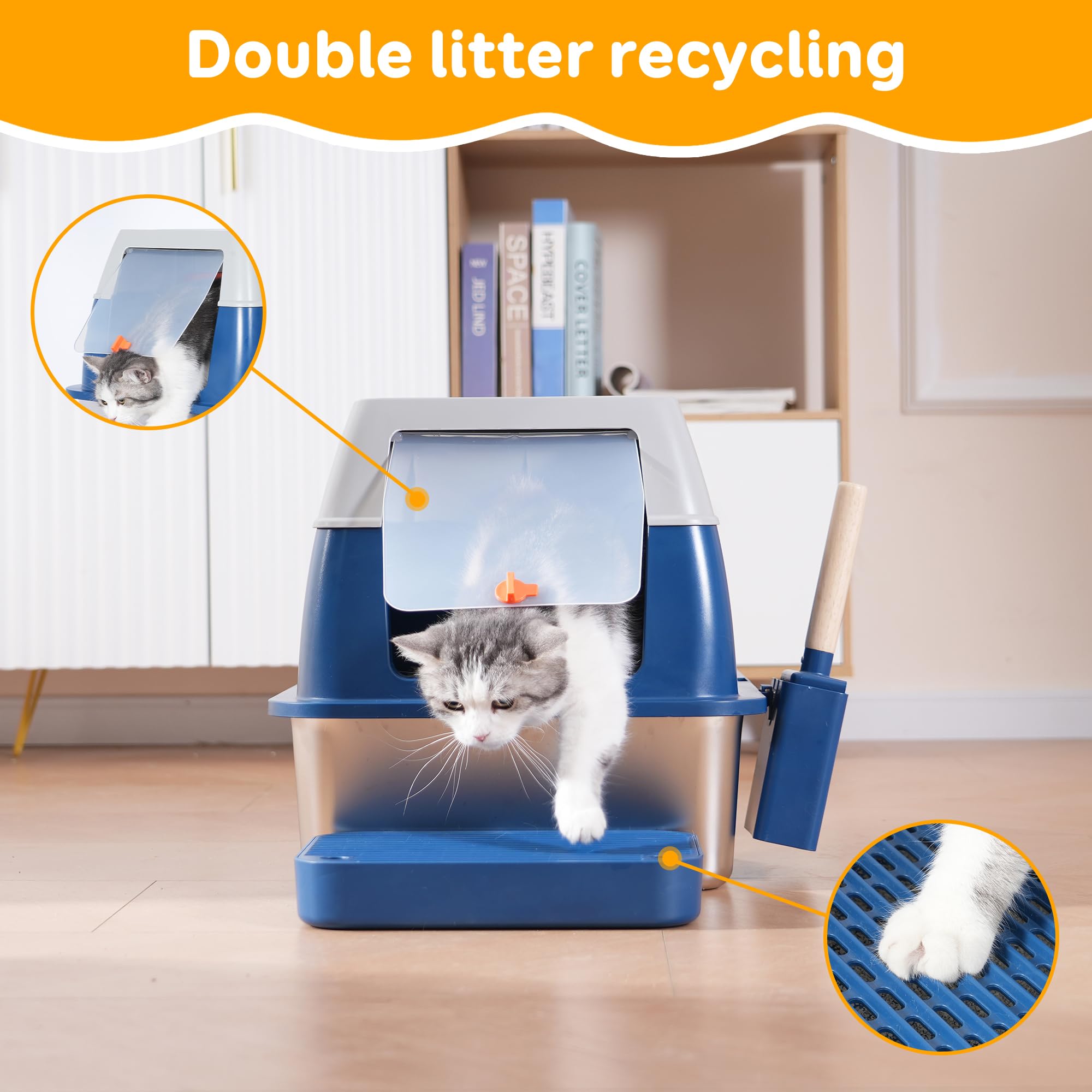 Enclosed Stainless Steel Litter Cat Box With Lid For Big Cats, Top Entry Covered Jumbo Metal Tray, Extra Large, High Sides, Dura