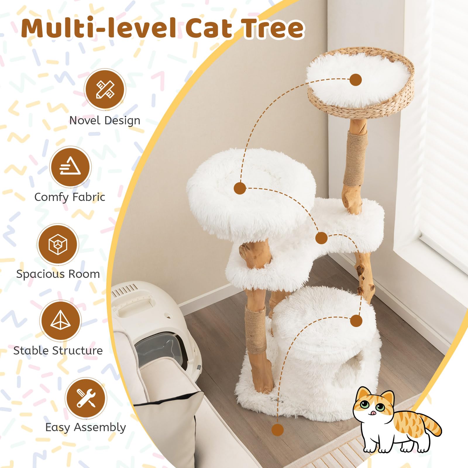 Tangkula Cat Tree For Indoor Cats, Solid Wood Modern Cat Tower With Top Cattail Basket Cat Bed, Side Perch, Large Platform & Cat Condo, Cute Cat Tree With Scratching Posts For Large Cats (49 Inch)