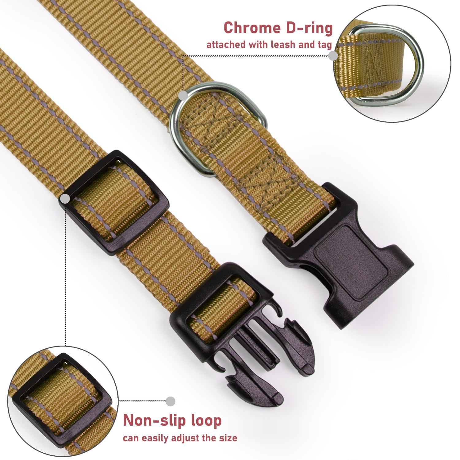 Reflective Dog Collar With Buckle Adjustable Safety Nylon Collars For Small Medium Large Dogs, Brown S