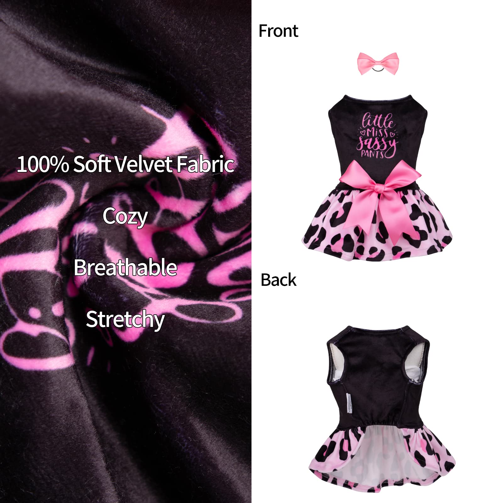 Cutebone Little Miss Sassy Pants Dog Leopard Print Dress Velvet For Small Dogs Girl Puppy Dresses Pink Dog Clothes Cva15S-D