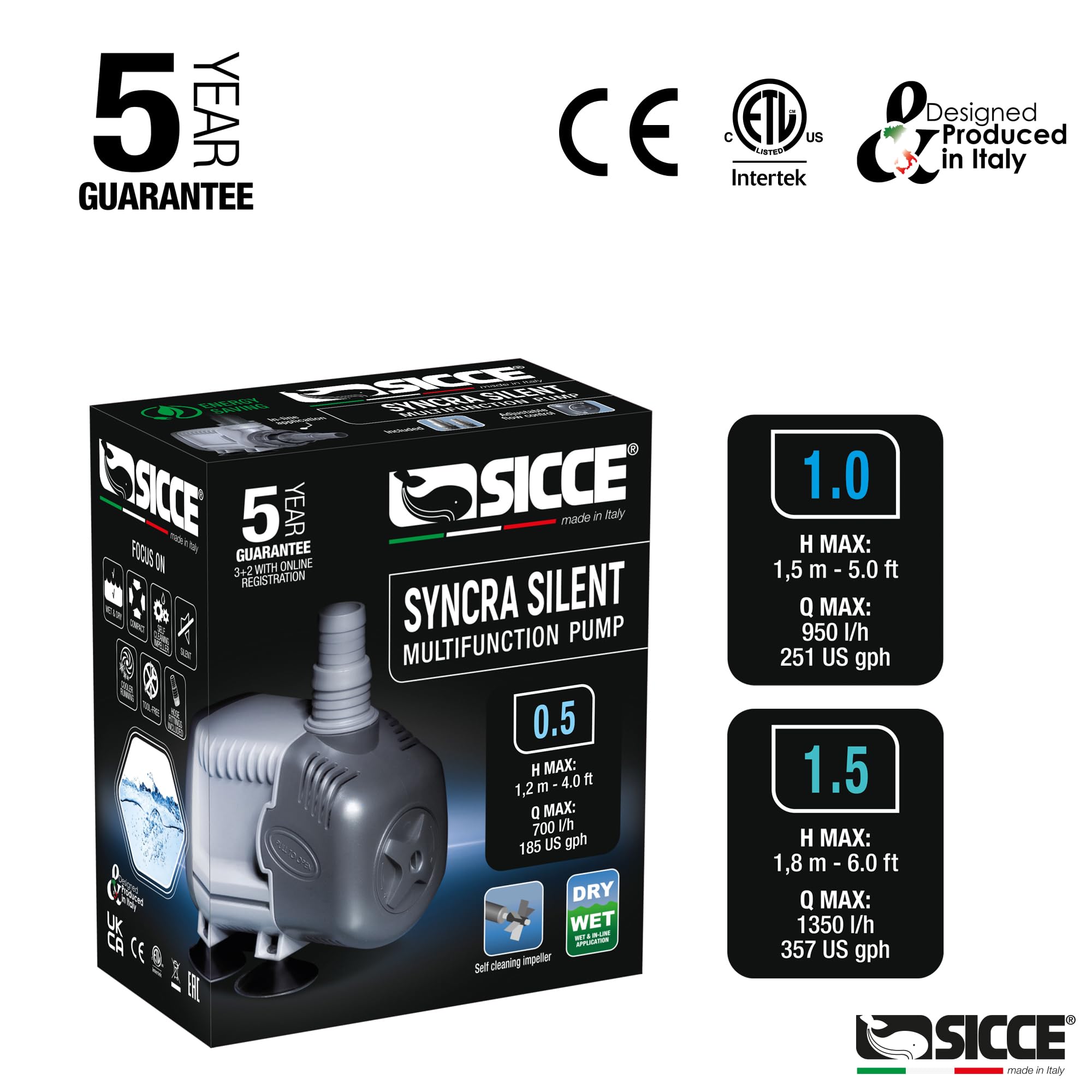 Sicce Syncra Silent 1.0 Multifunction 251 Gph Submersible Water Pump | Italian Made 16W Ultra Quiet Durable Aquarium Fish Tank, Fountain, Pond, Hydroponics, Terrarium Black | Freshwater & Saltwater