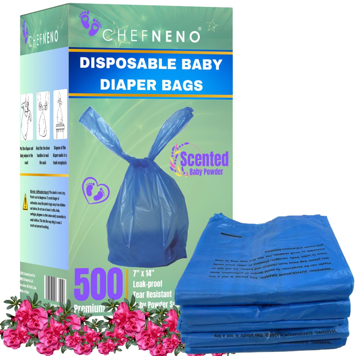Baby Diaper Bag Disposable (500 Count, Pink) Fresh Lavender Scented Easy Tie Handles Scented Bulk Diaper Sacks Disposable Dog Po