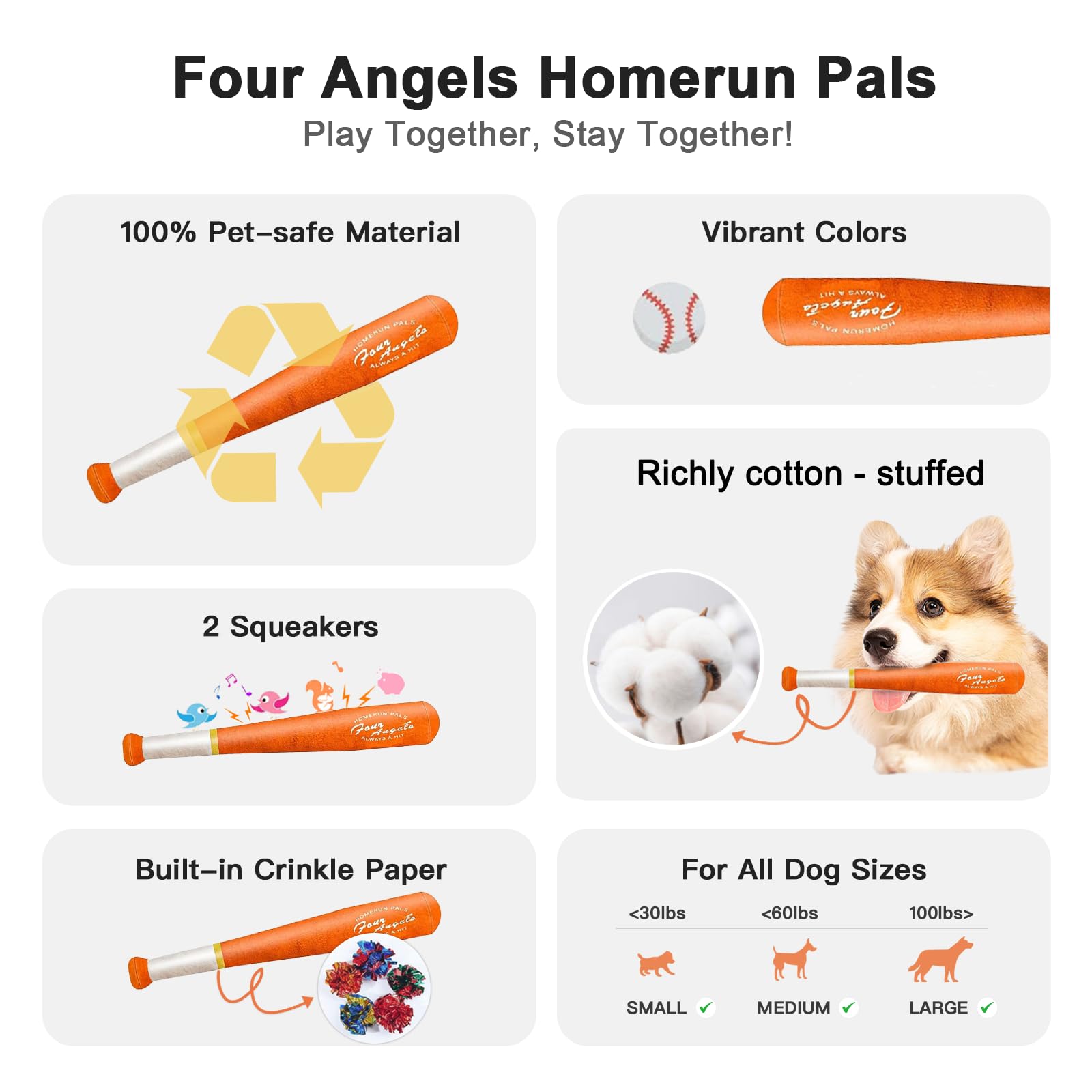 Four Angels Large Squeaky Dog Toys - Interactive Plush Baseball Bat Toy For Dogs, Interactive Tug-Of-War Toy With Dual Squeakers
