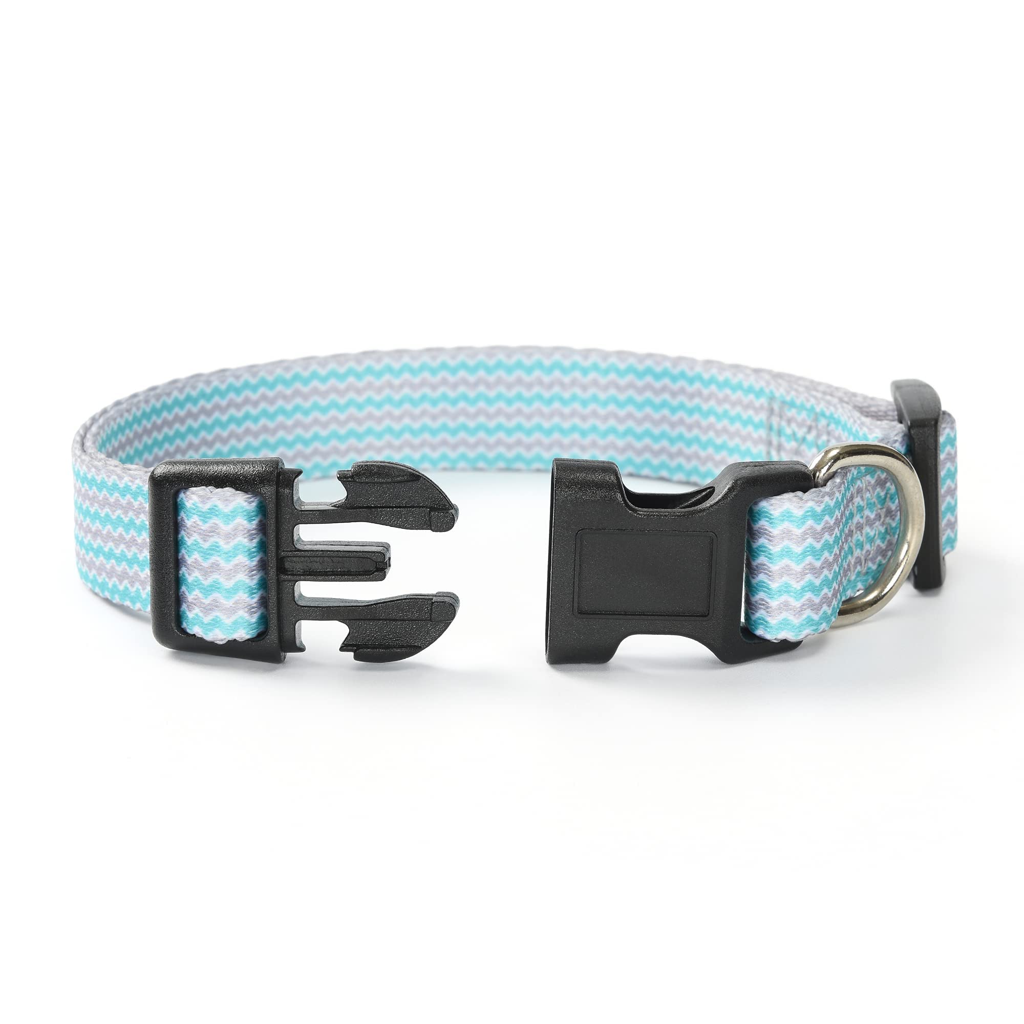 Mile High Life Dog Collar | Cute Puppy Collars | Lightweight Girl Dog Collar | Soft Boy Dog Collars | W Geometric Plaid Wave Line Pattern (Green Wave, Large)