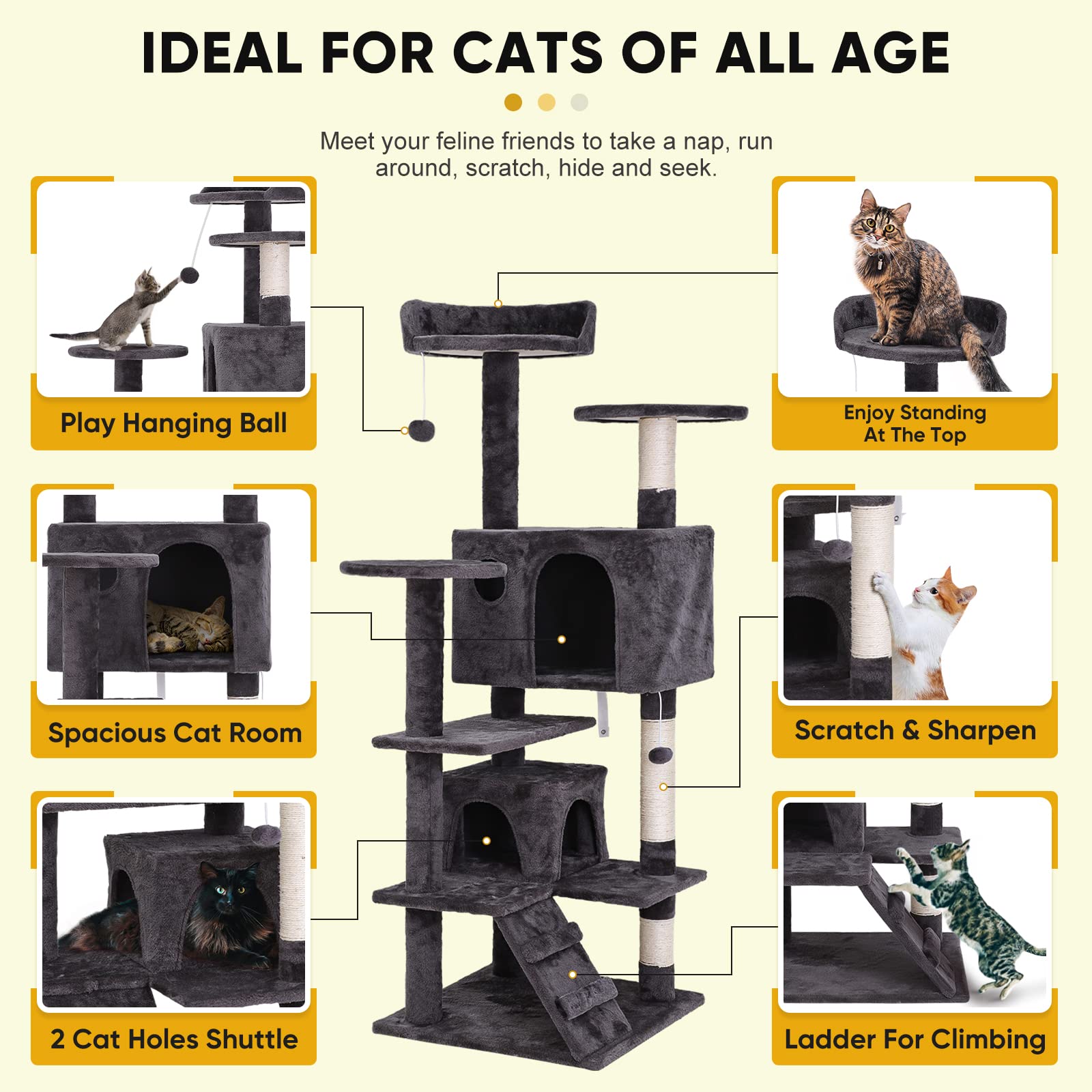 Nova Microdermabrasion 54In Cat Tree Tower For Indoor Cats Multi-Level Cat Condo Cat Bed Furniture With Scratching Post Kittens Activity Center