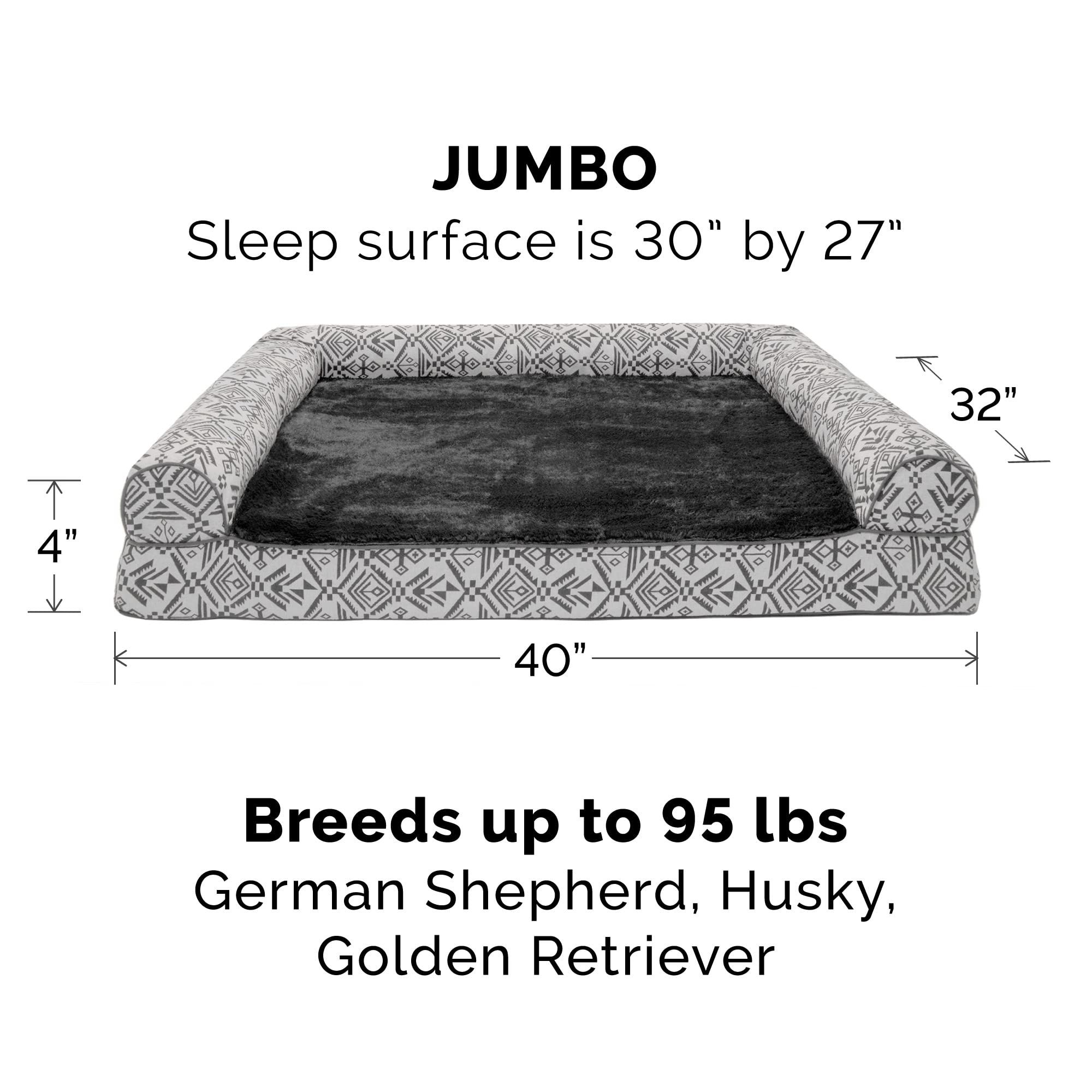 Furhaven Orthopedic Dog Bed For Large Dogs W/ Removable Bolsters & Washable Cover, For Dogs Up To 95 Lbs - Plush & Southwest Kilim Woven Decor Sofa - Boulder Gray, Jumbo/Xl