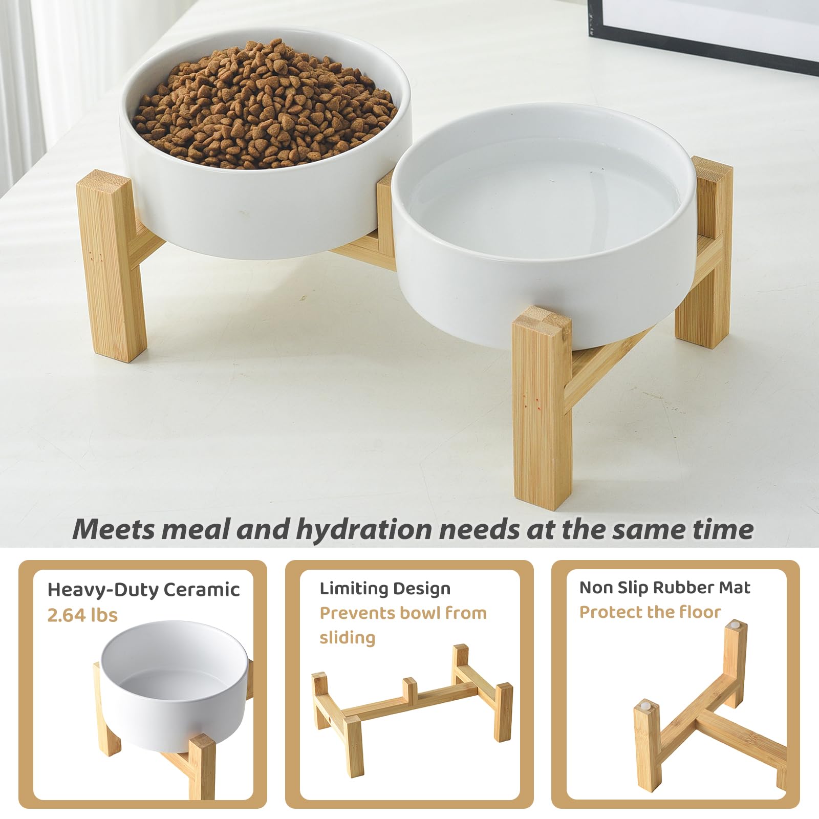 Welloyed Elevated Ceramic Dog Bowl Set - Raised Dog Bowls with Non Slip Bamboo Stand, Food and Water Bowl Set for Kitty, Cats an