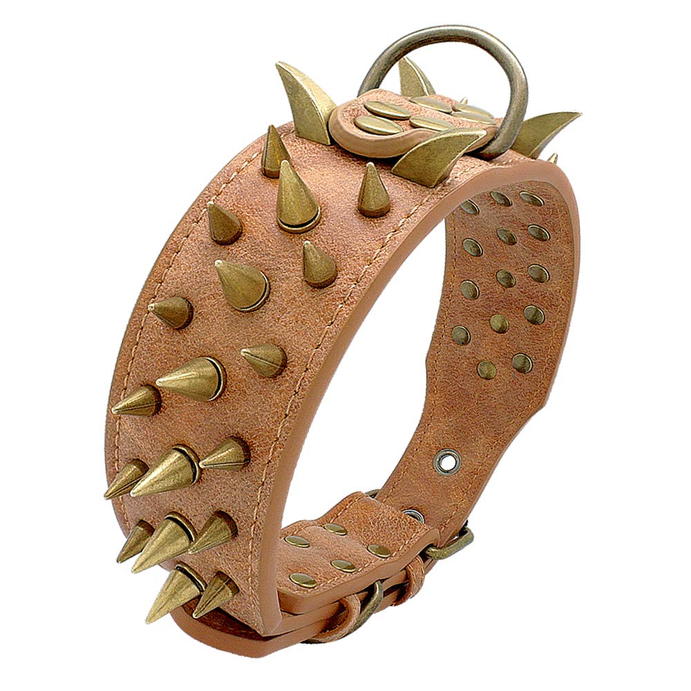 Berry Pet 2' Spiked Leather Dog Collar - Anti-Bite Sharp Rivet Studded For Pit Bull Medium Large Dogs,Brown Neck For 18.5-23.5' Total Length 25.5'