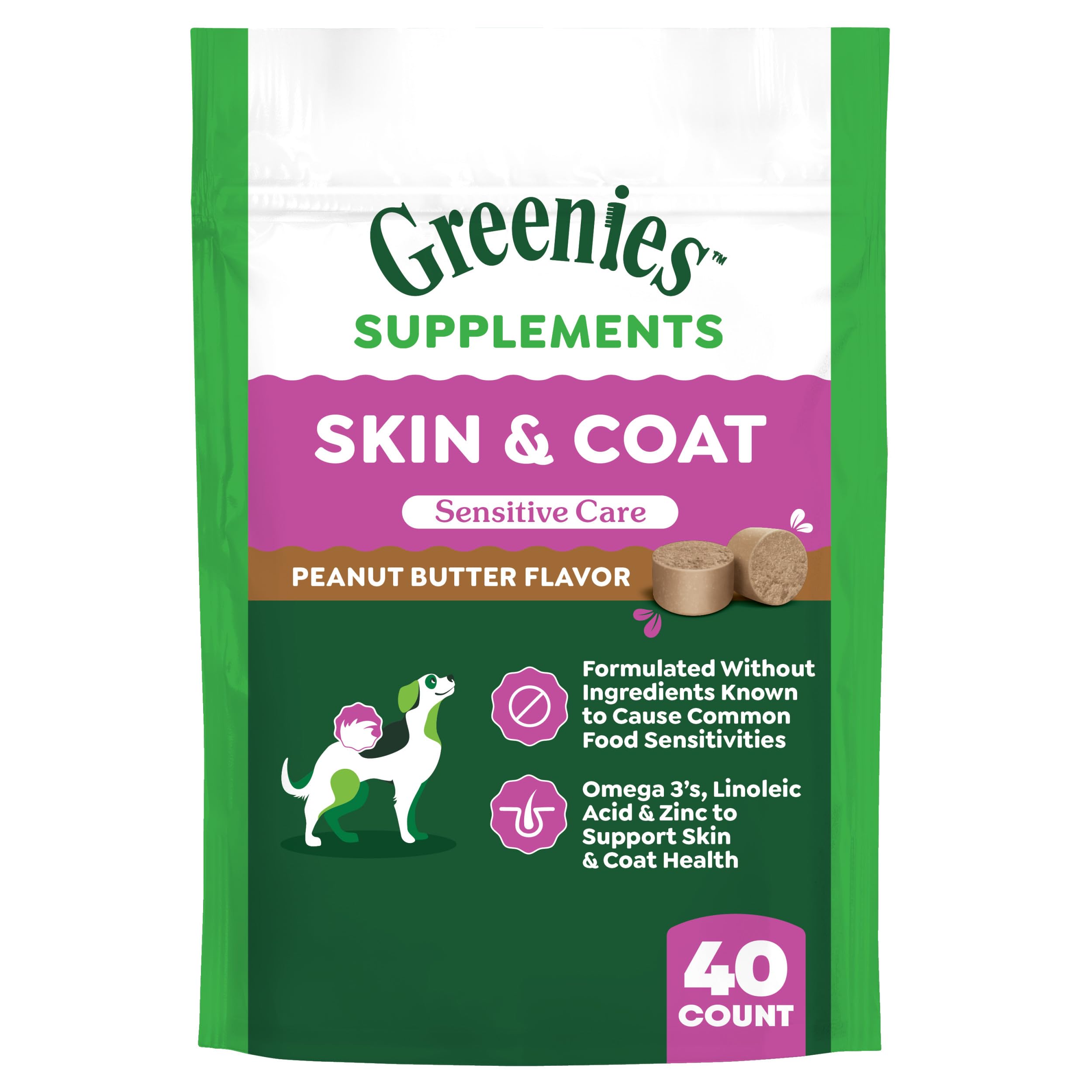 Greenies Sensitive Care Skin and Coat Supplement for Dogs with Fish Oil for Dogs Chicken-Free Formula Dog Supplement, Peanut But