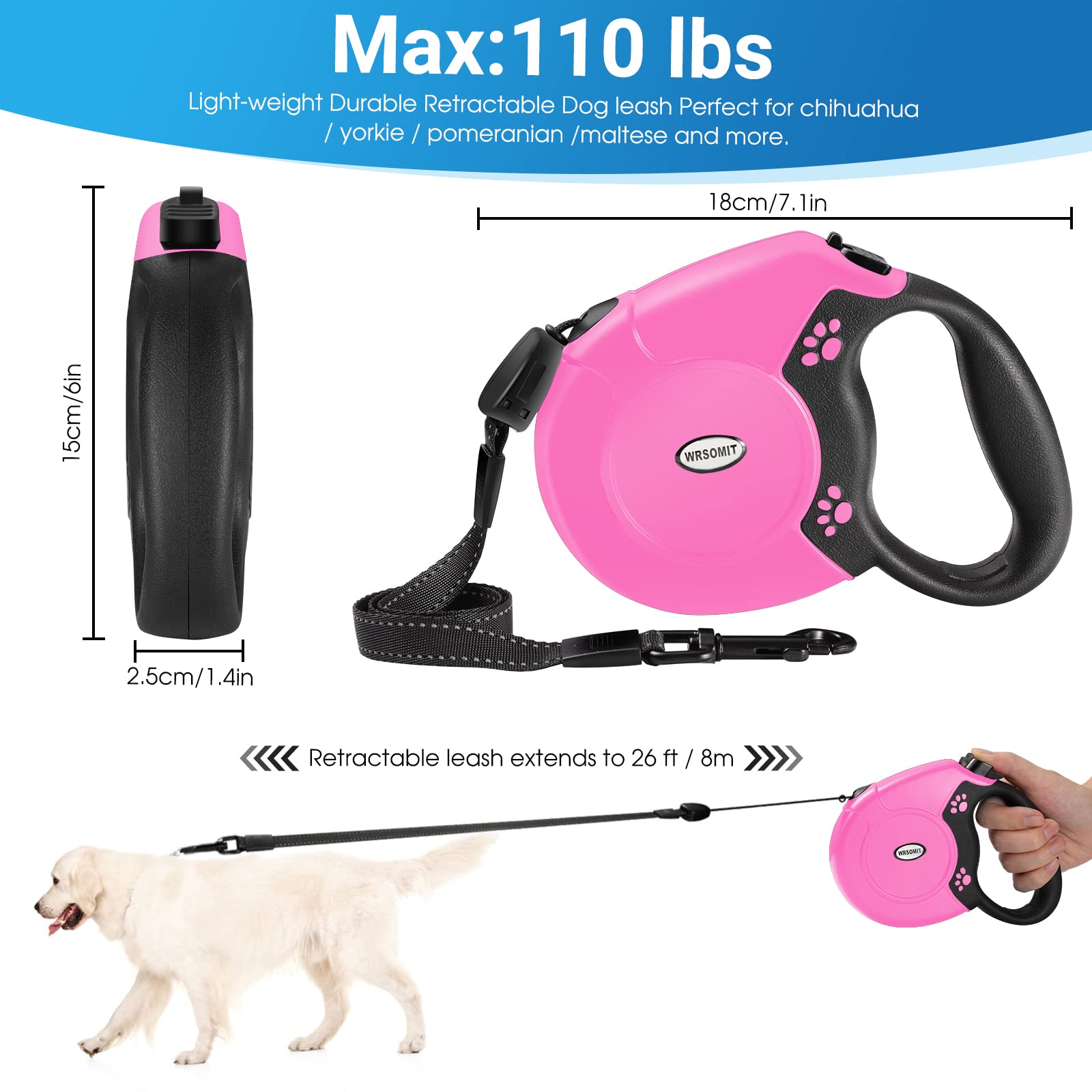 Wrsomit Retractable Dog Leash, 26 Ft Heavy Duty Pet Walking Leash For Small Medium Large Dogs Up To 99Lbs, Anti-Slip Handle, 360