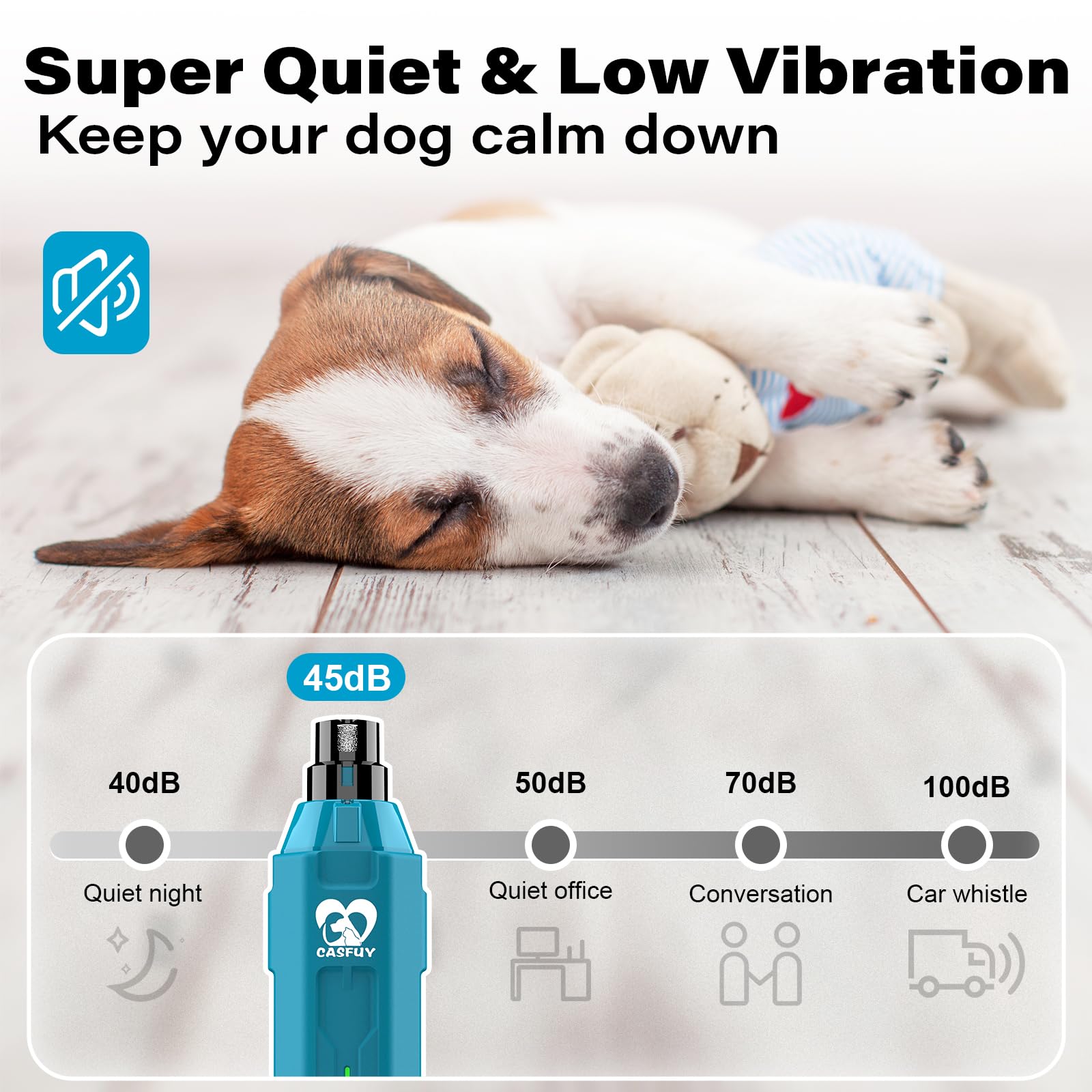 Casfuy 6-Speed Dog Nail Grinder - Newest Enhanced Pet Nail Grinder Super Quiet Rechargeable Electric Dog Nail Trimmer Painless Paws Grooming & Smoothing Tool For Large Medium Small Dogs (Bright Blue)
