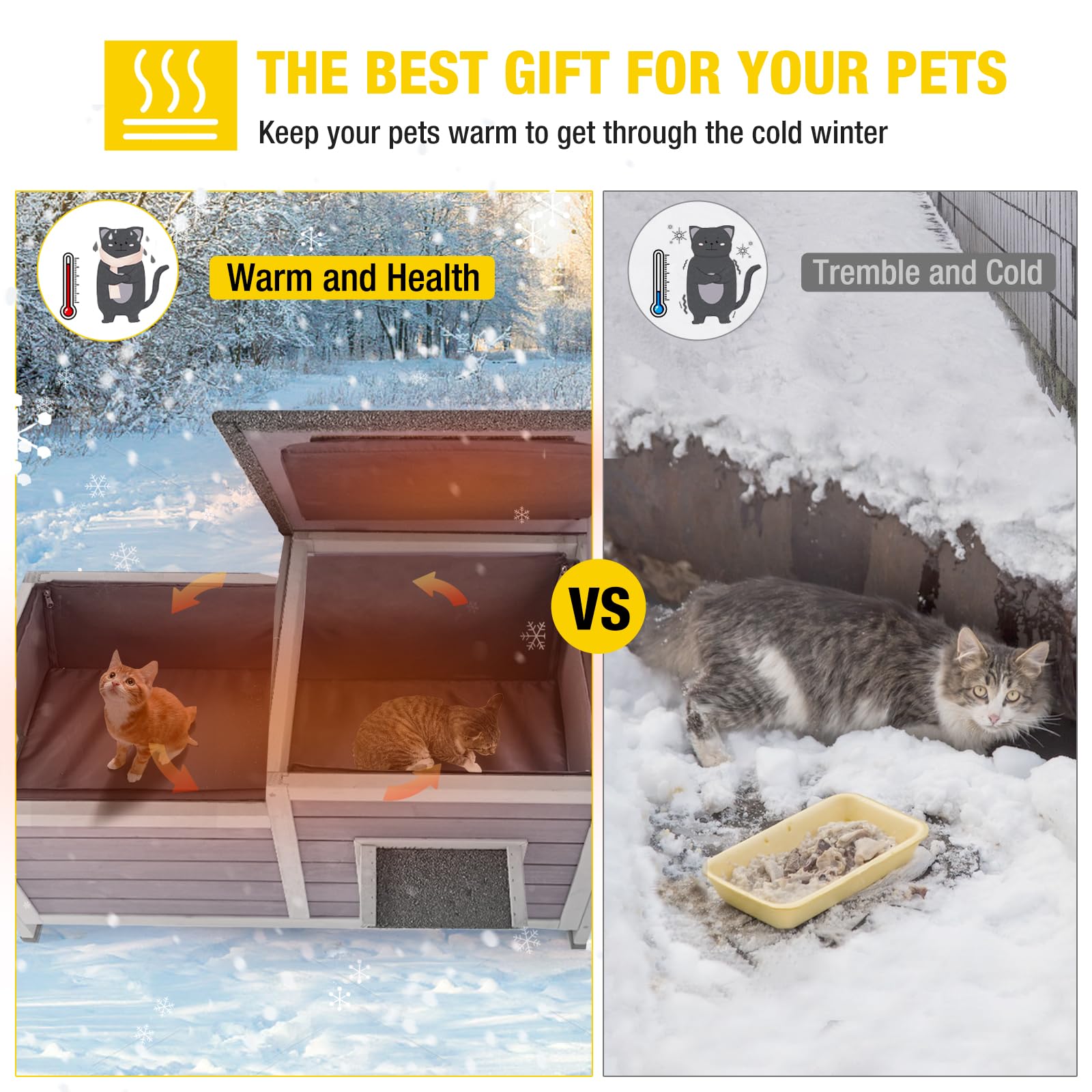 Aivituvin Outdoor Cat House Insulated Feral Cat Shelter Weatherproof For Winter Double Rooms