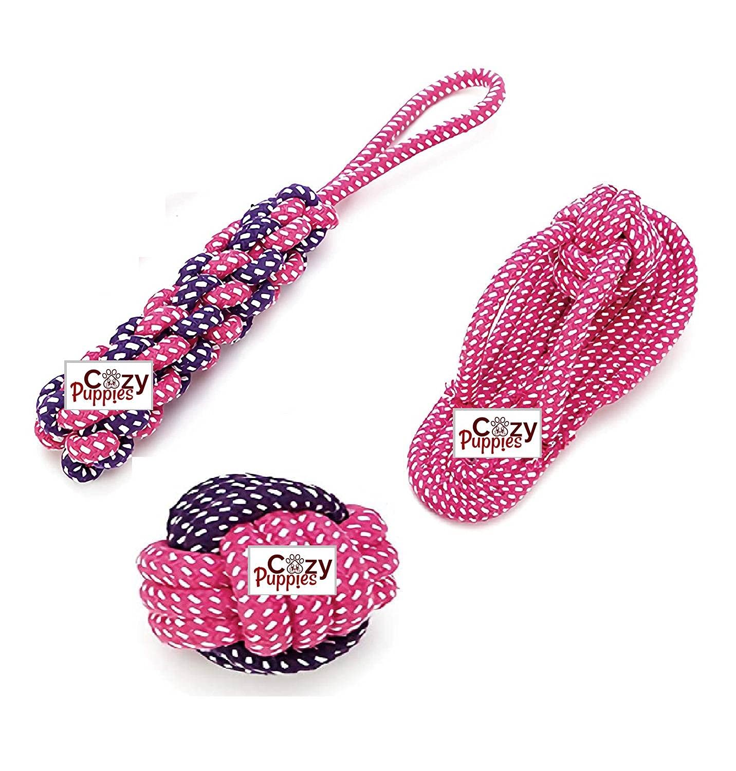 Cozy Puppies 3 Pcs Combo Durable Pet Teeth Cleaning Chewing Biting Knotted Small Puppy Toys 100% Natural & Safe Cotton Dog Attra